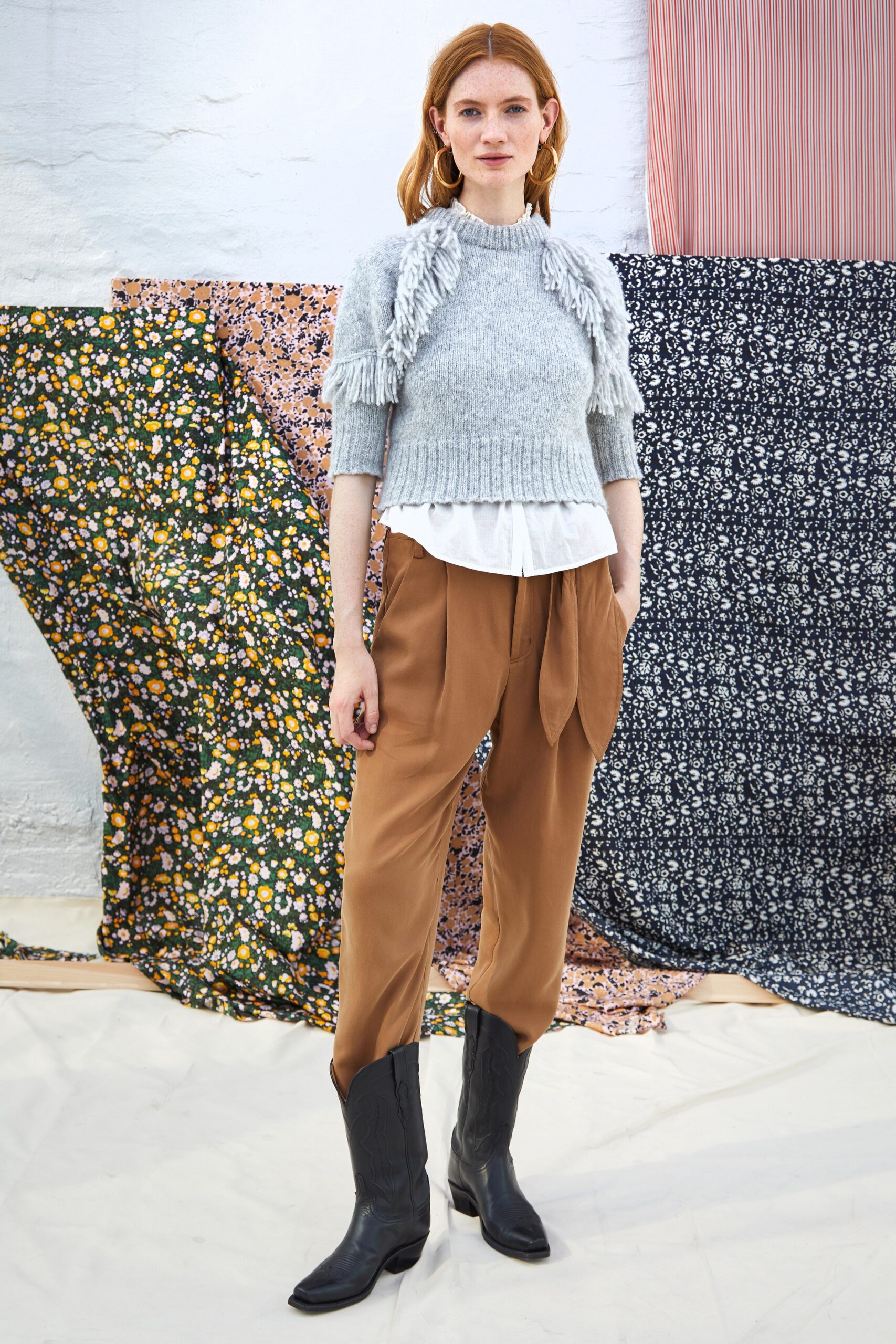 brown cotton relaxed high-waisted belted pants