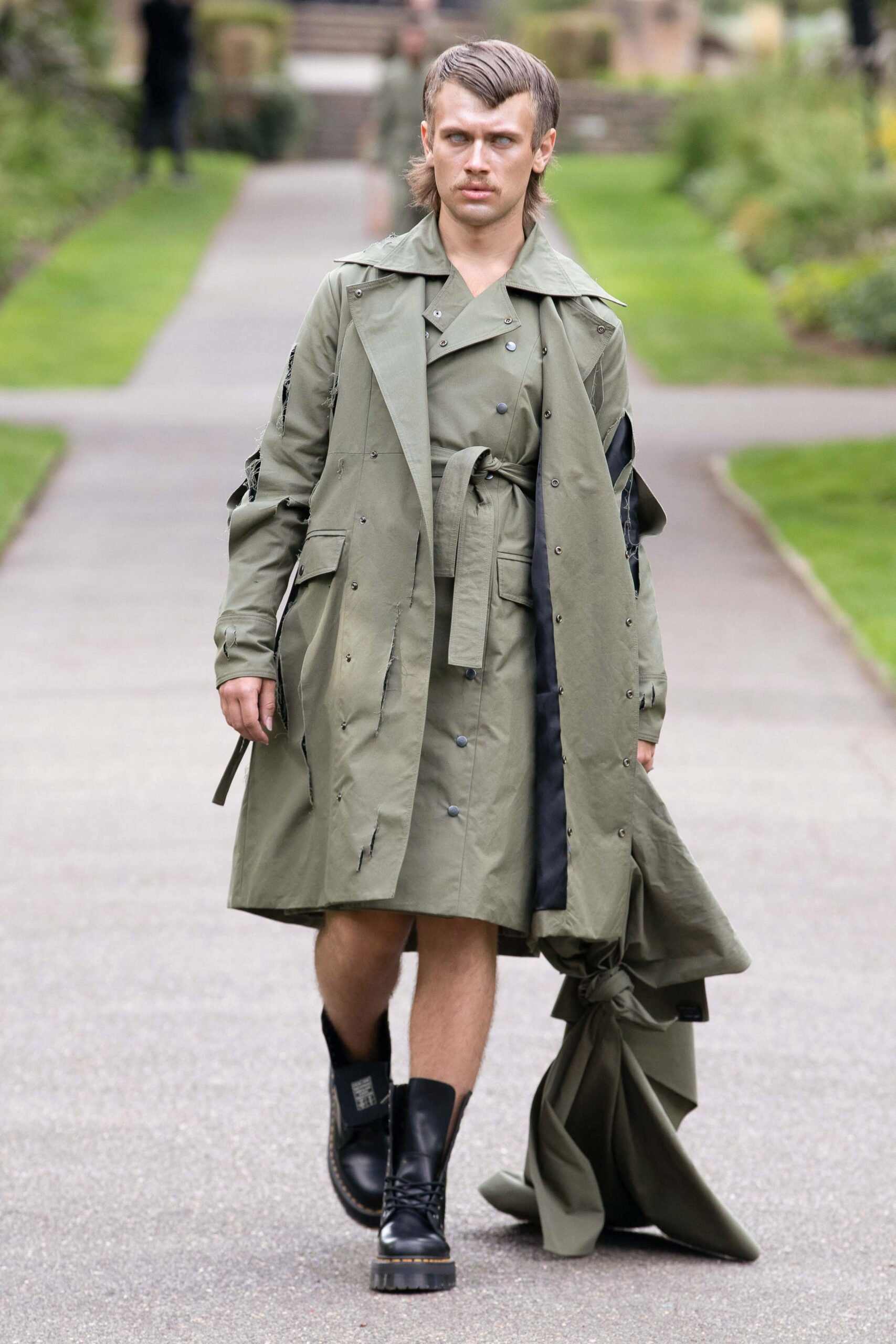 green cotton belted trench coat