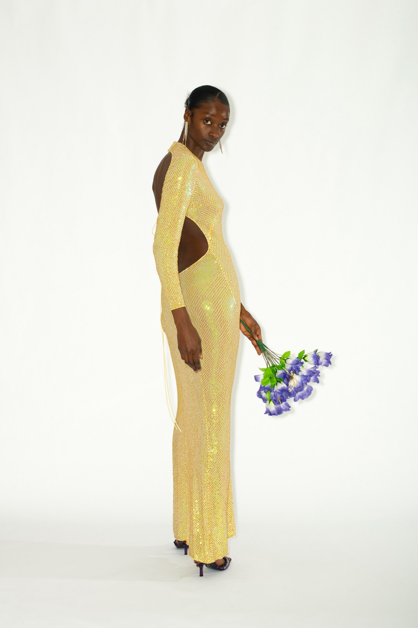fitted yellow sequin gown
