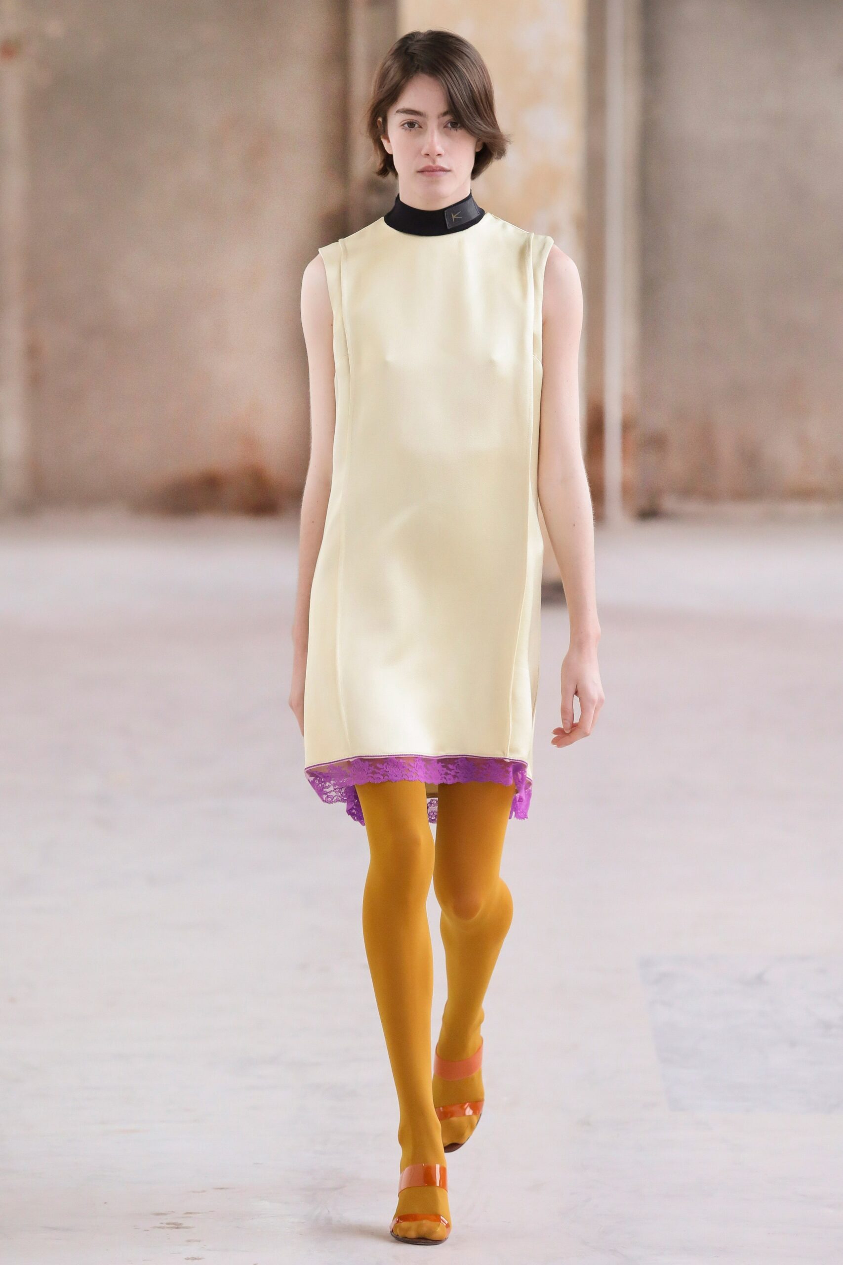 yellow silk sleeveless high-neck fitted layered mini dress