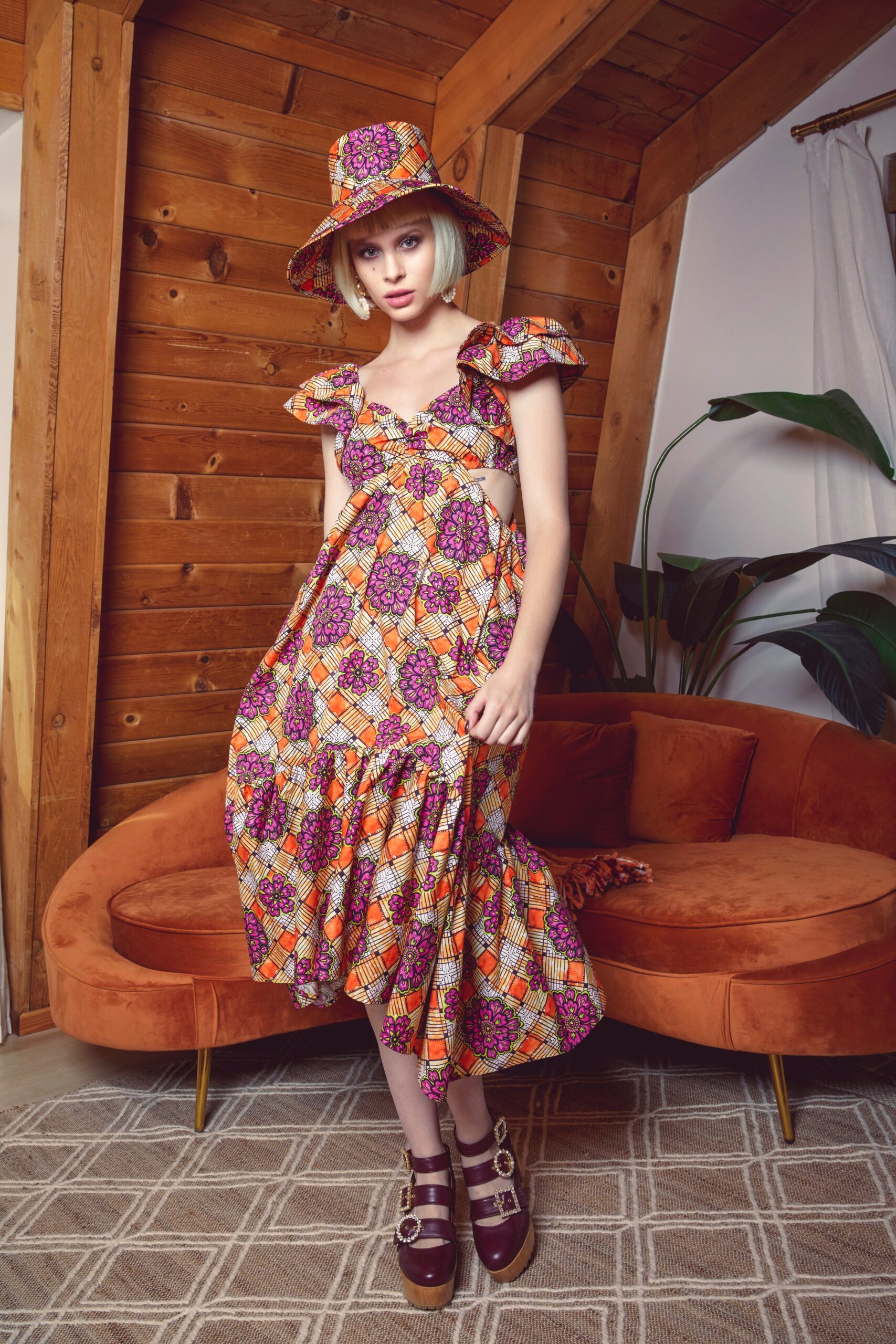multi-colored relaxed midi dress and hat