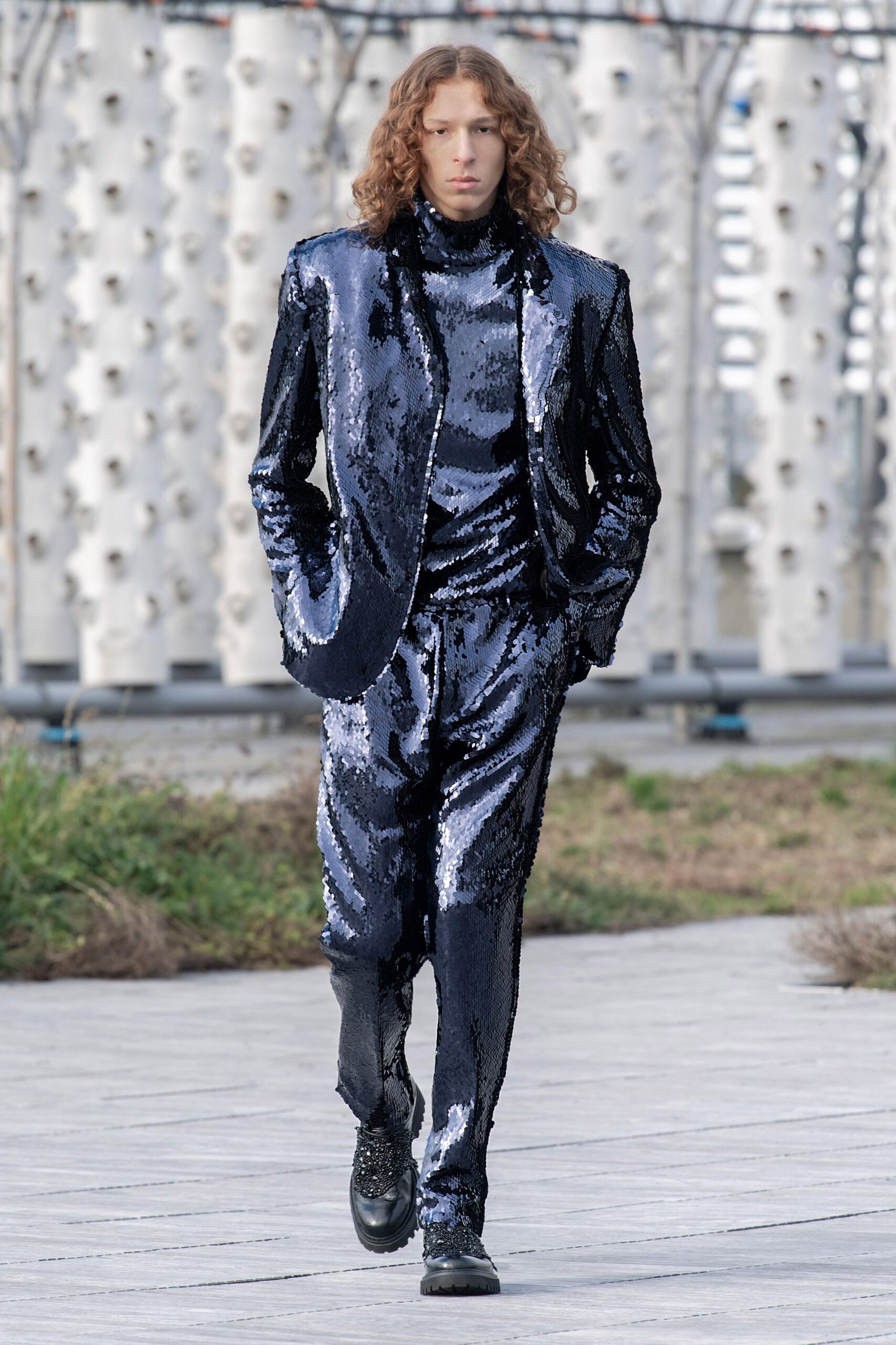 black sequin fitted suit