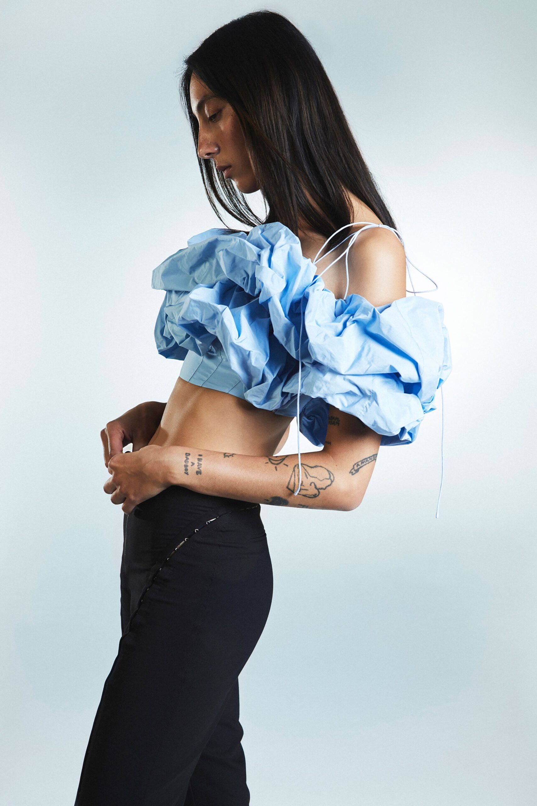blue cotton sleeveless off-shoulder fitted ruffled cropped top