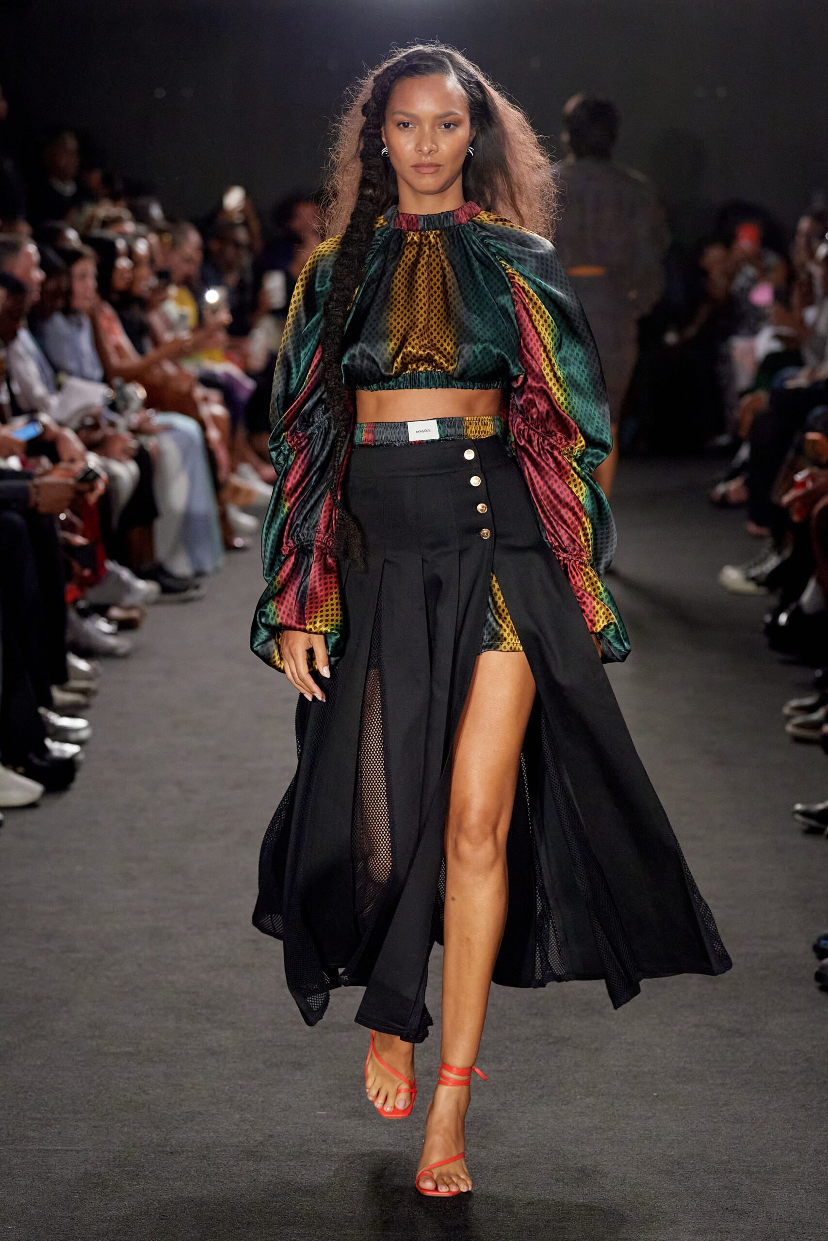 black cotton slit fitted high-waisted buttoned layered skirt