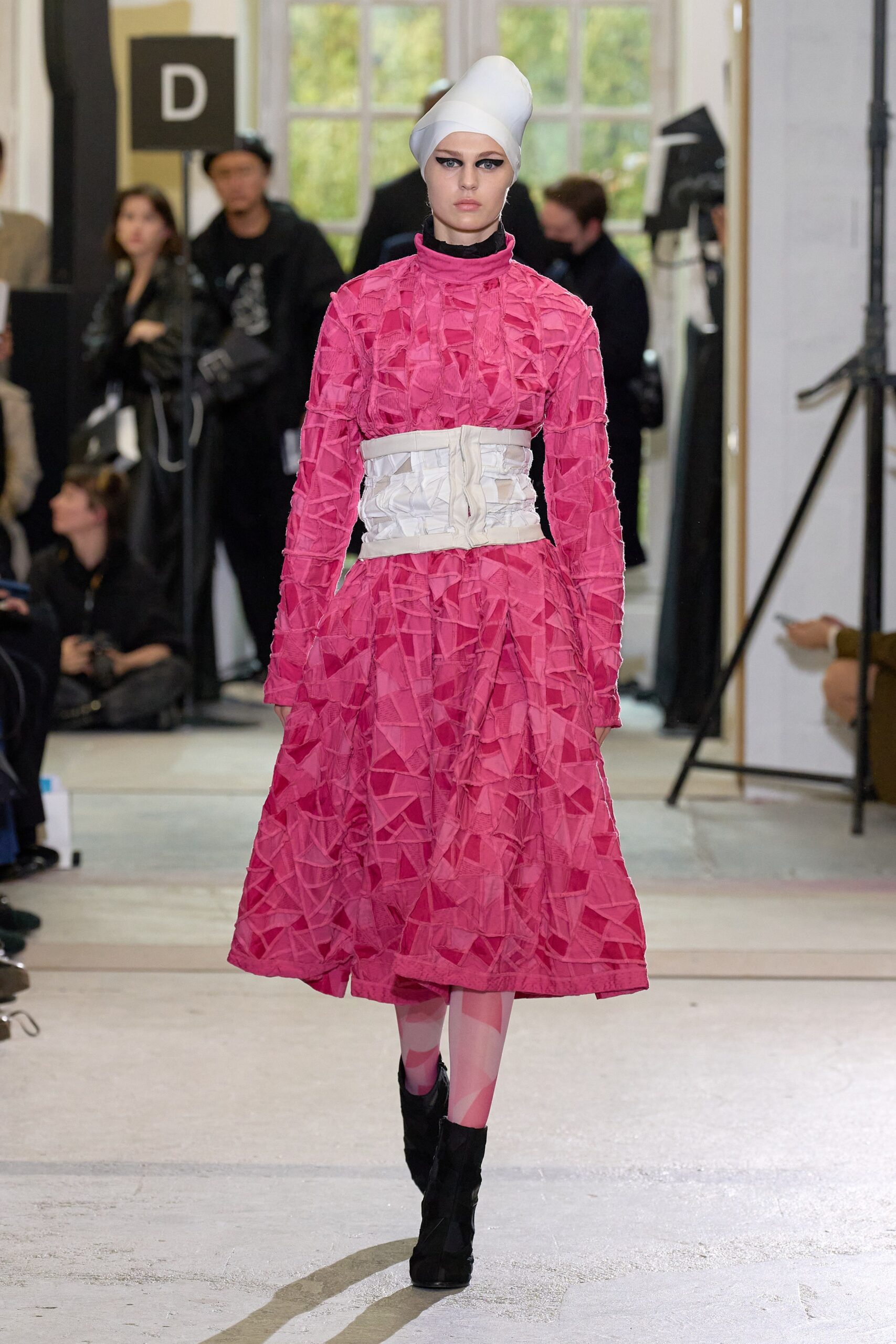 pink cotton long-sleeve high-neck fitted pleated tiered dress