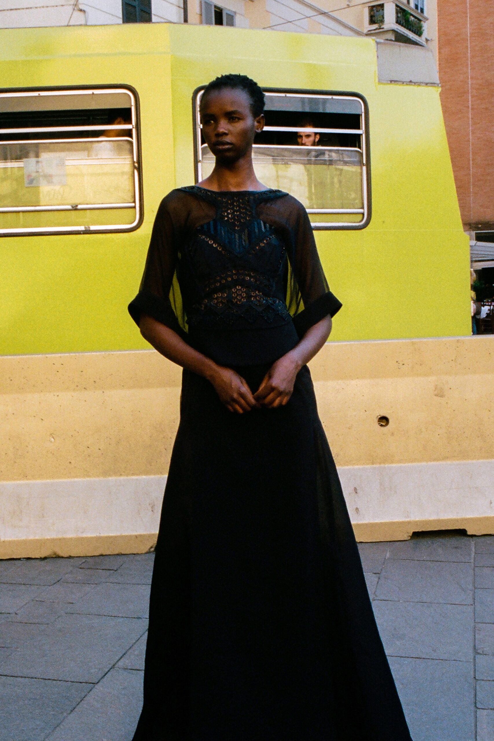 black silk long-sleeve dress