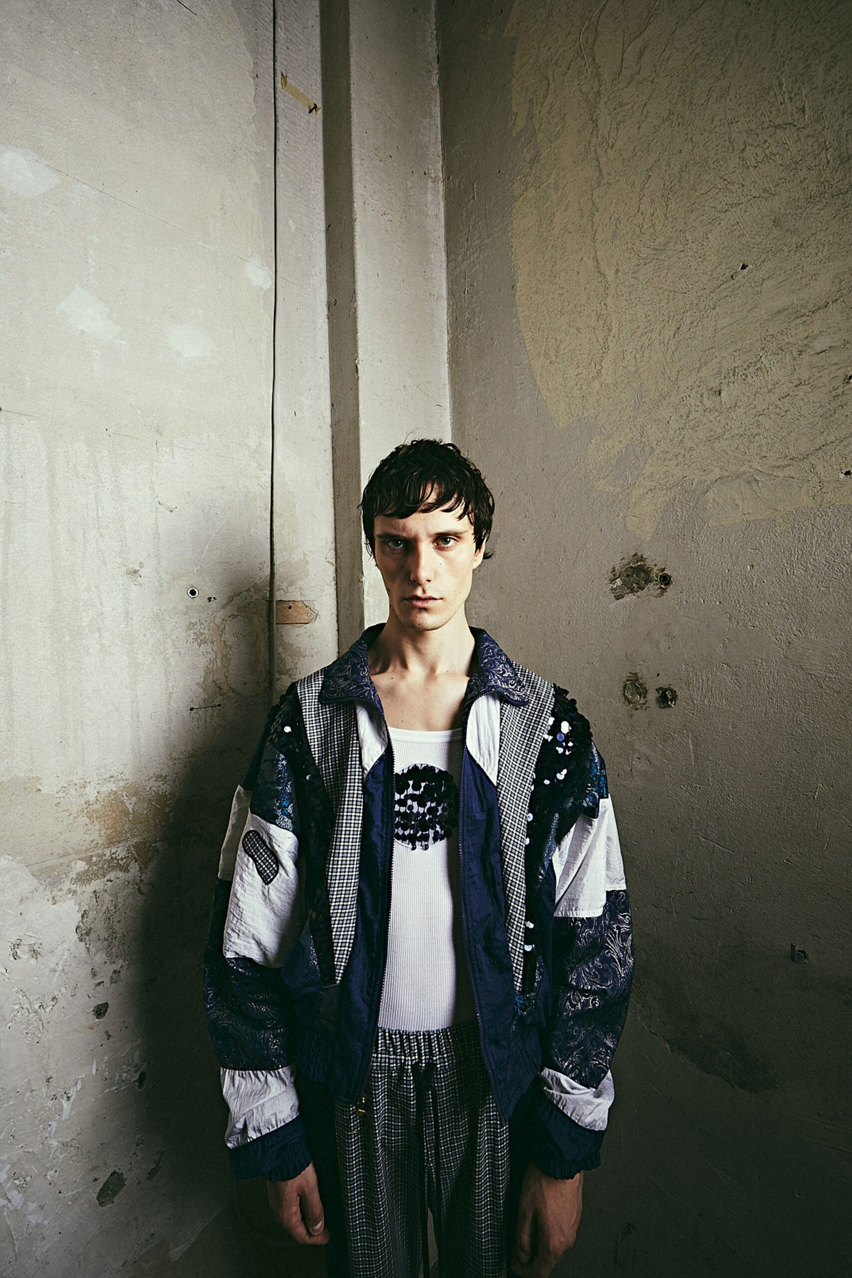 blue patchwork jacket with fitted top