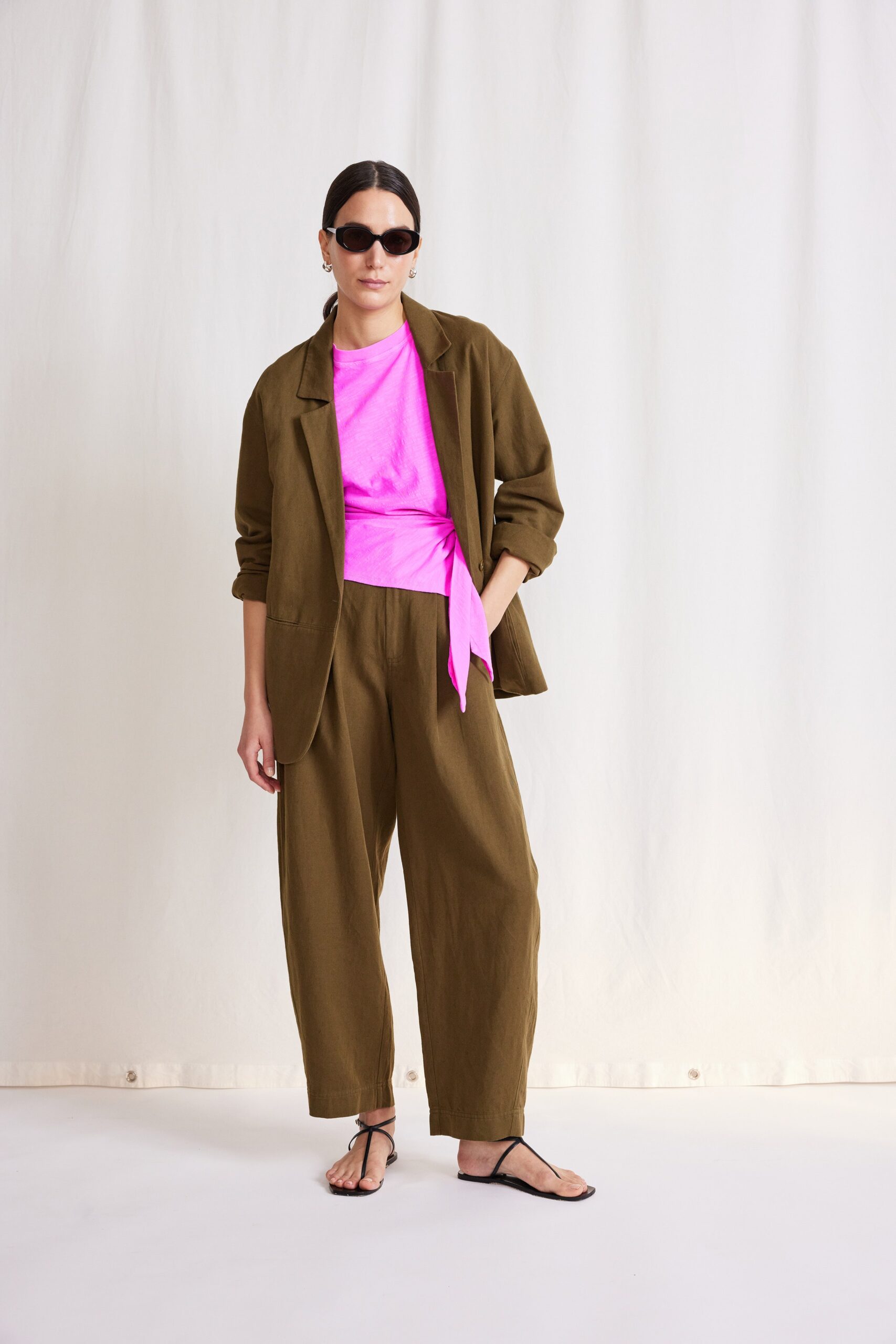 brown blazer pink top relaxed pants