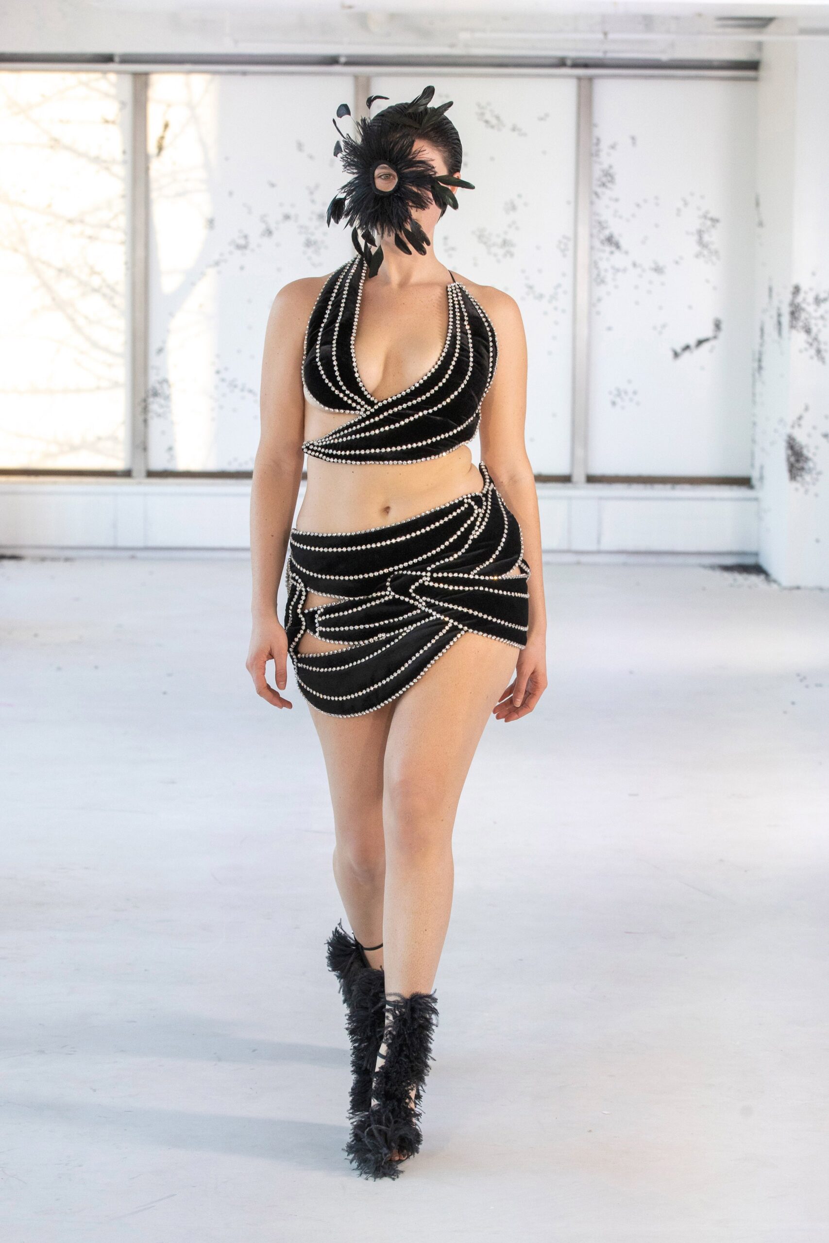 black velvet crop-top and skirt