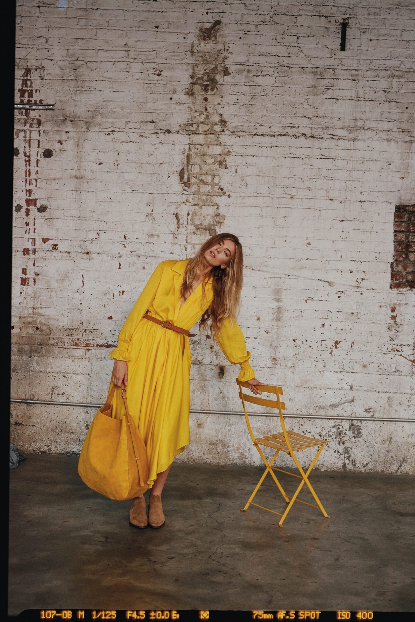 yellow cotton long-sleeve collared relaxed belted midi dress