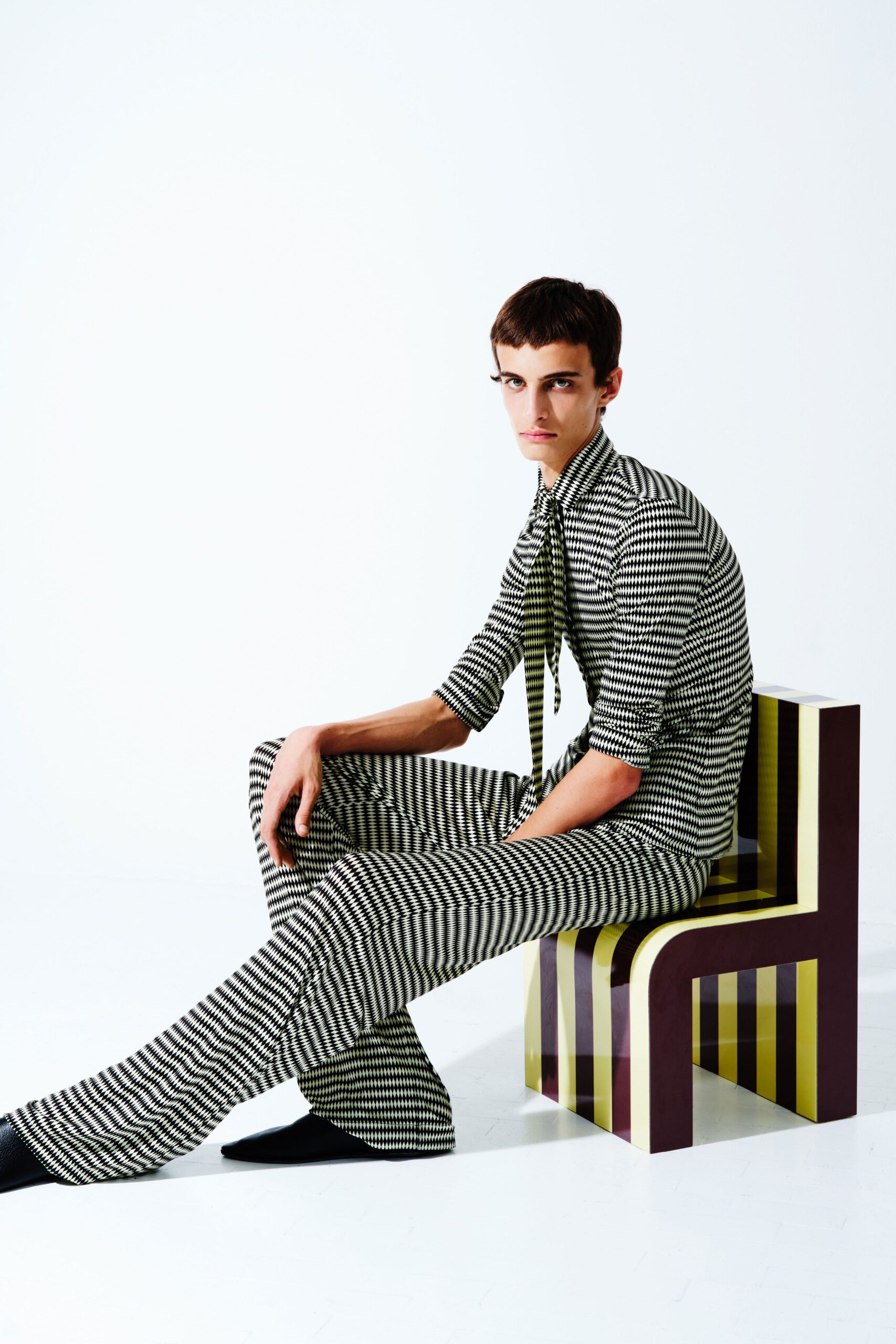 black and white striped suit