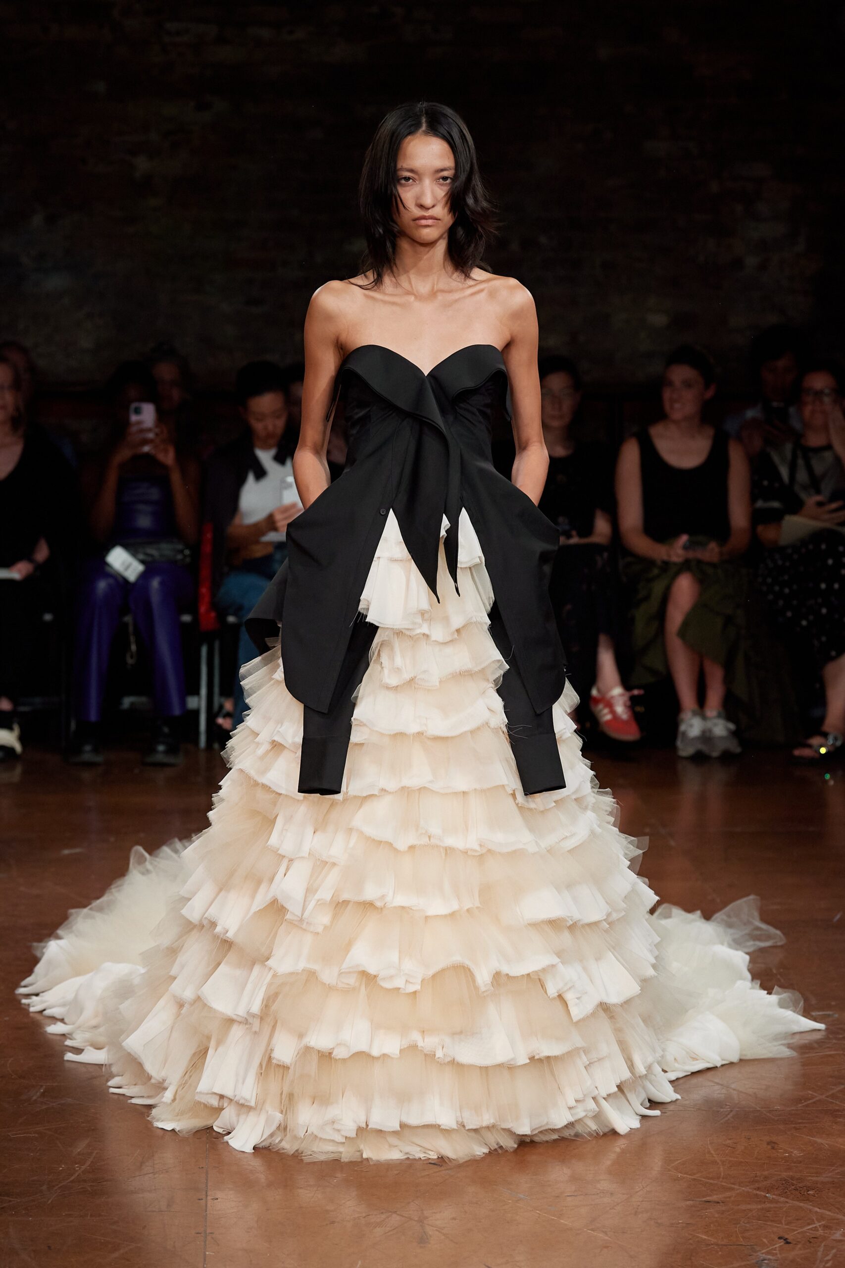 black and white strapless gown