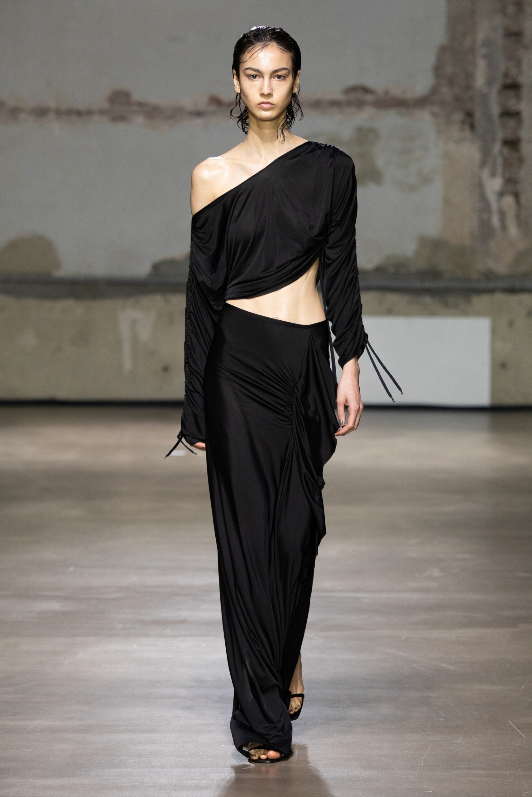 black silk off-shoulder dress