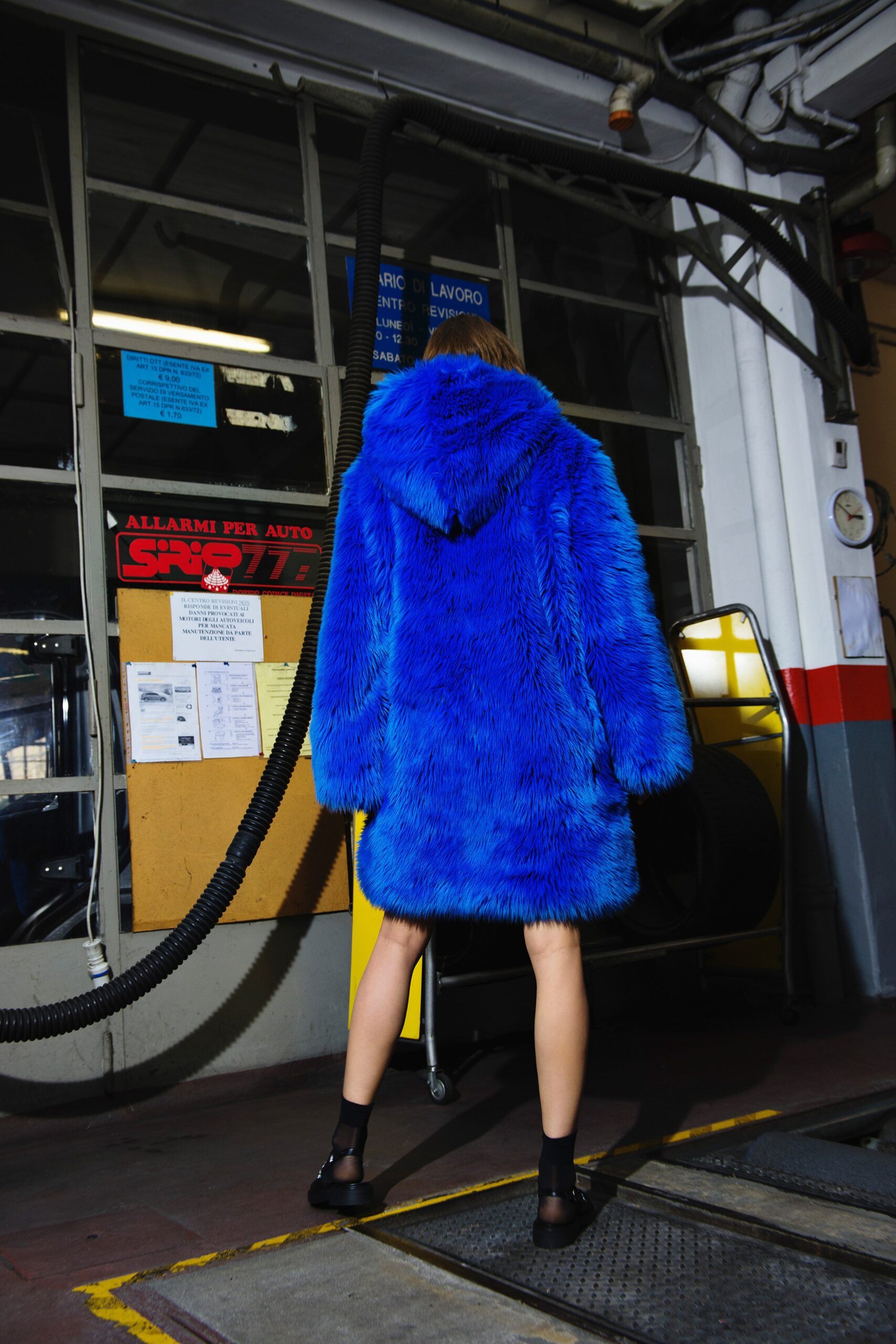 blue faux-fur hooded coat