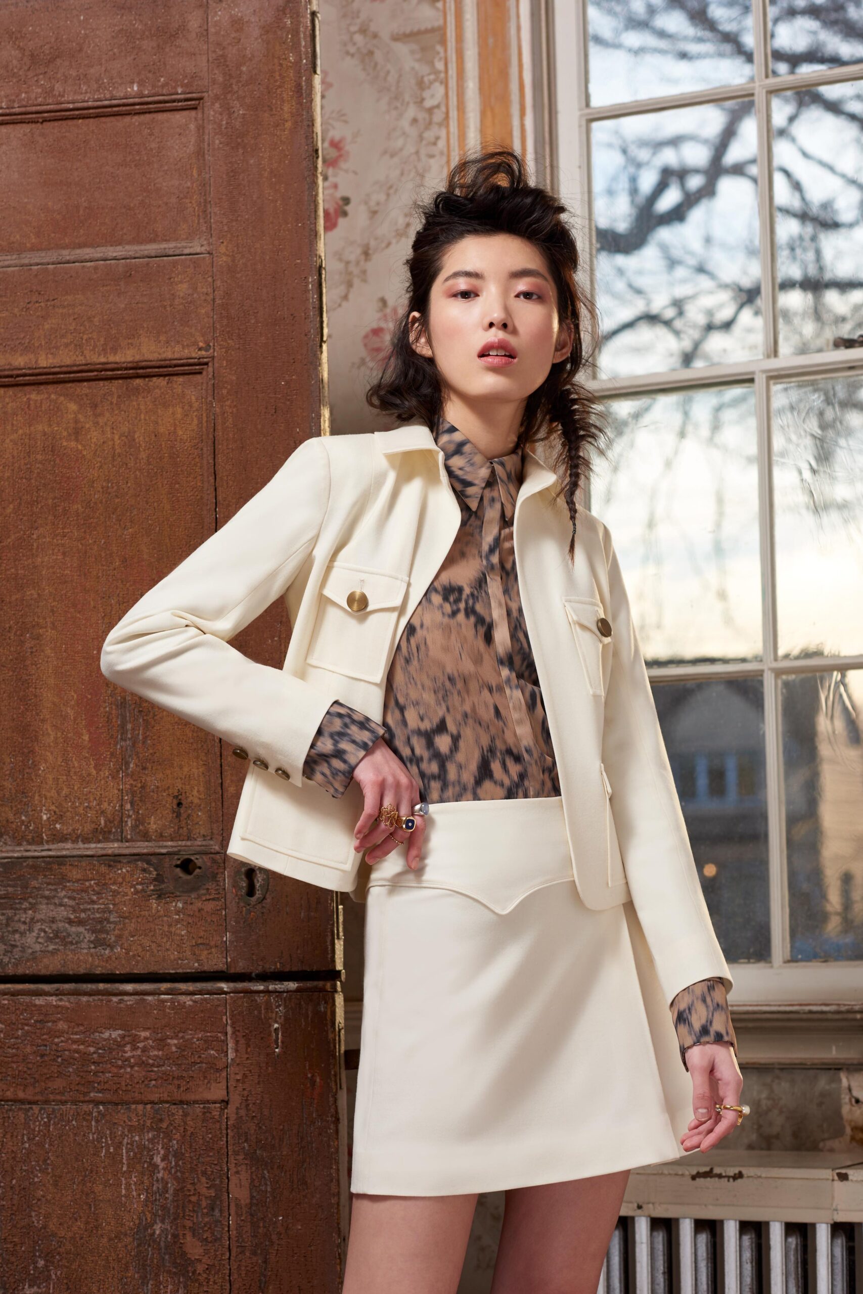 beige silk long-sleeve collared fitted printed blouse
