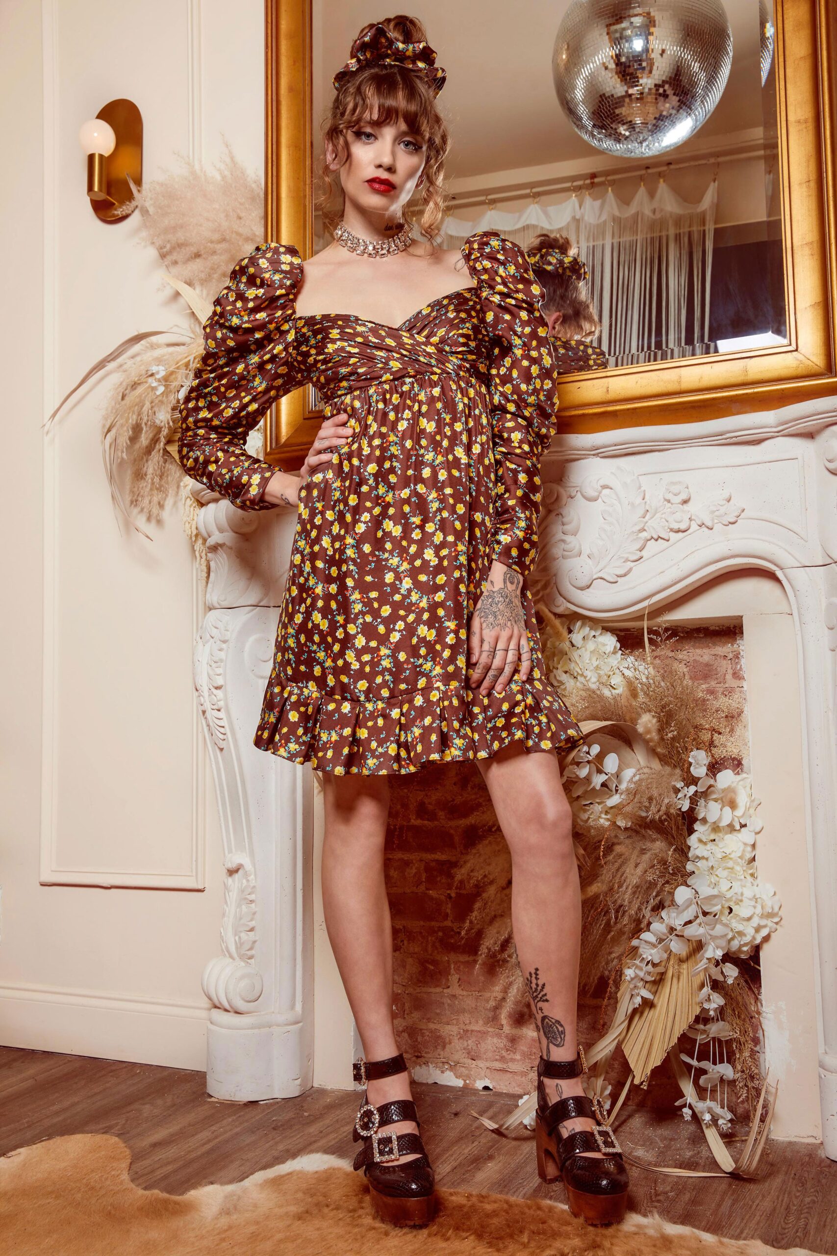 brown floral mini dress