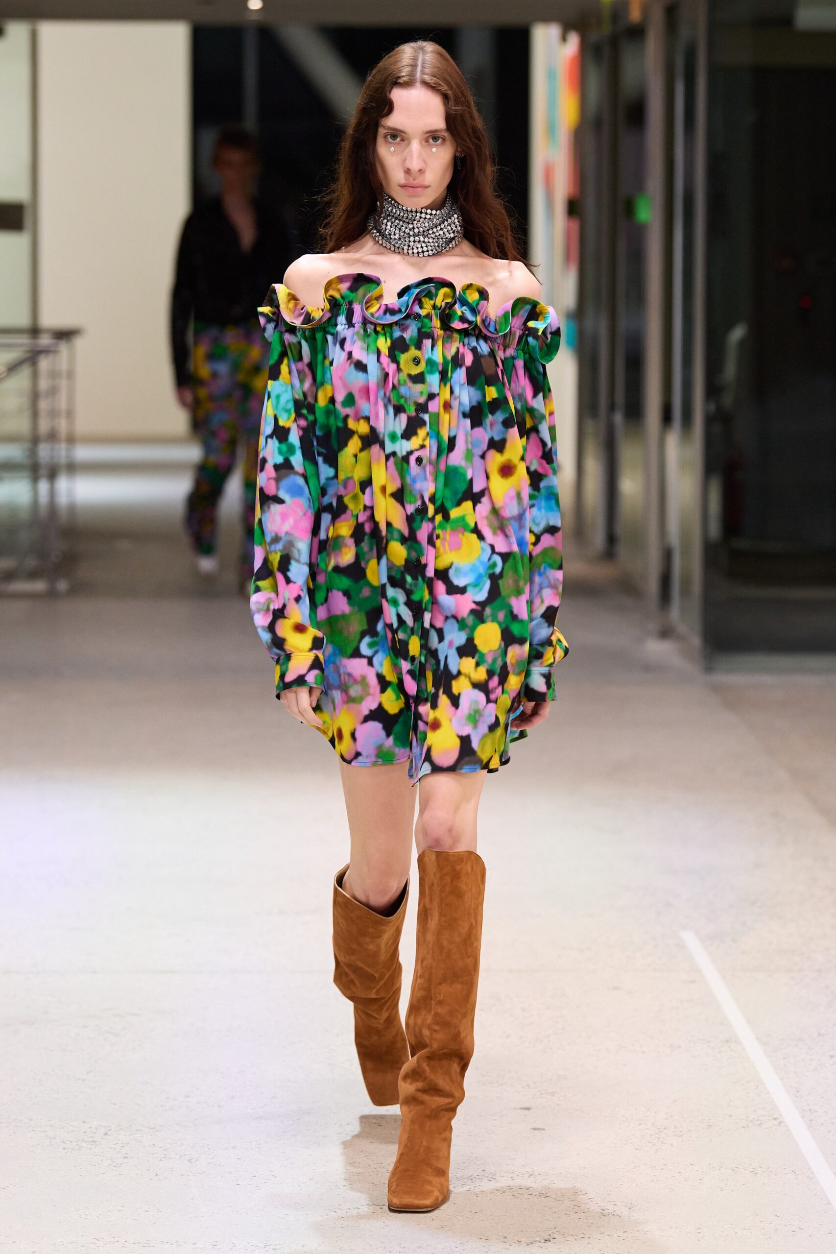 multi cotton long-sleeve off-shoulder relaxed ruffled mini dress