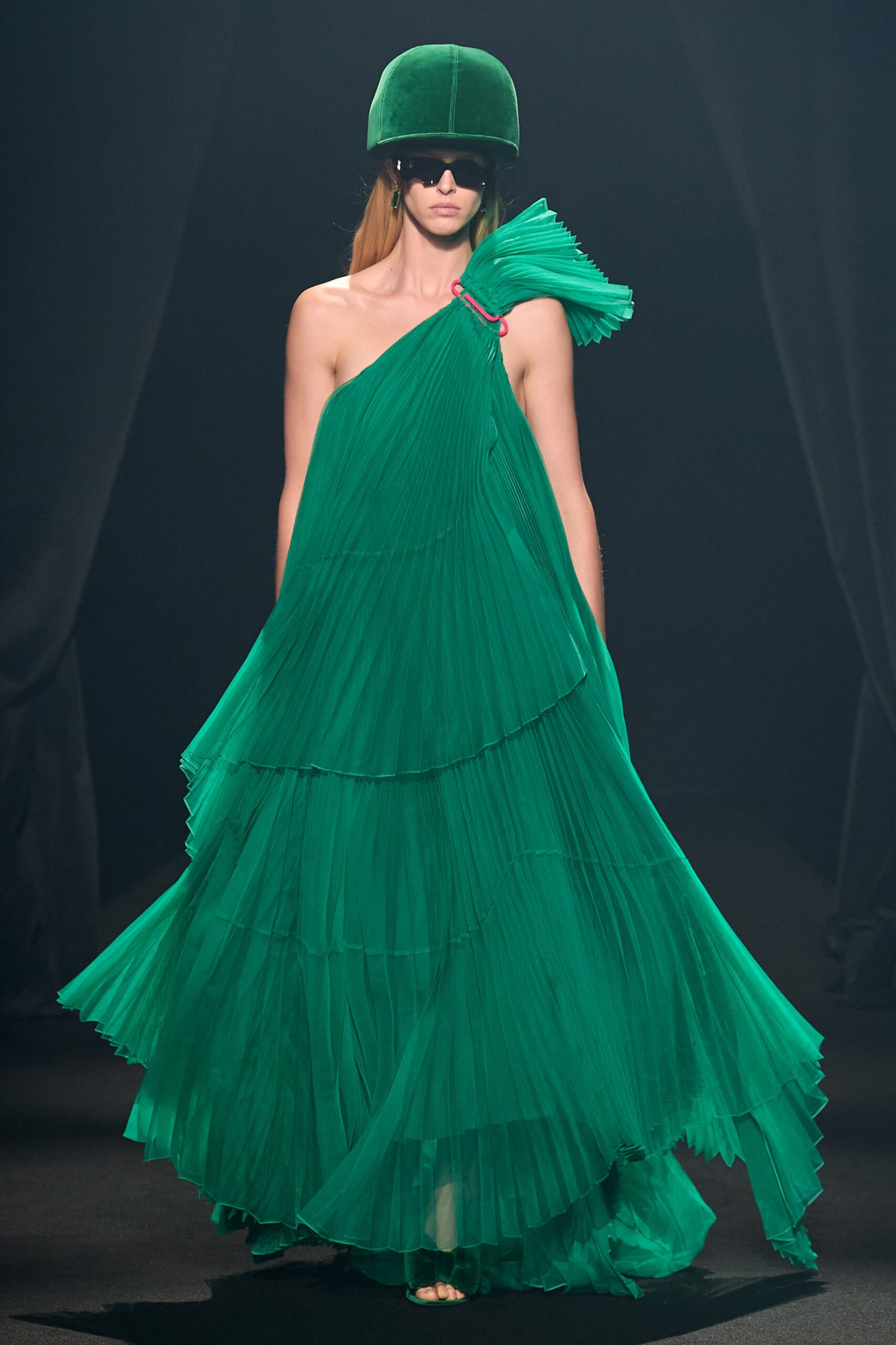 green chiffon sleeveless off-shoulder fitted pleated tiered dress