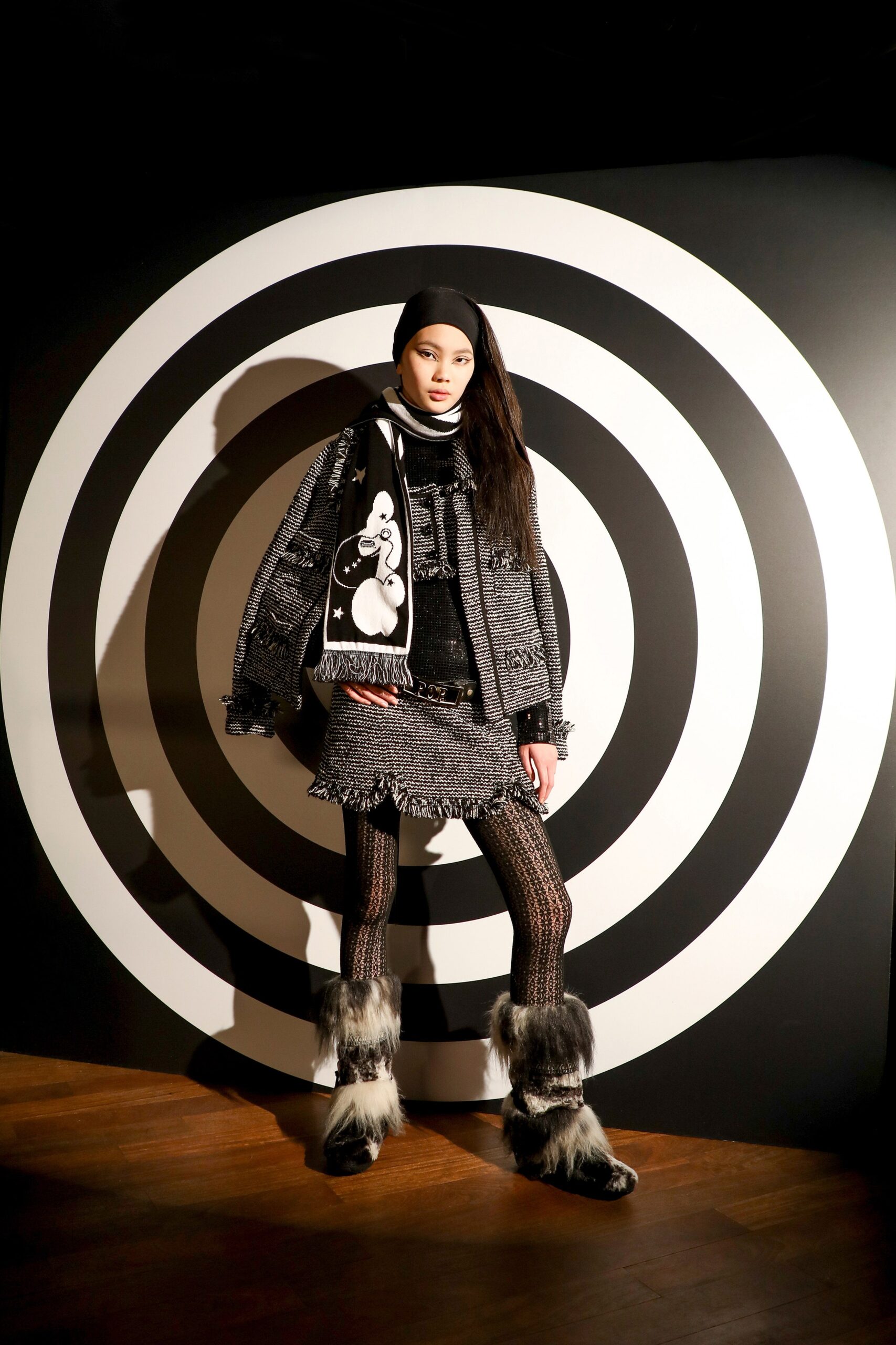 oversized black and white jacket with mini skirt