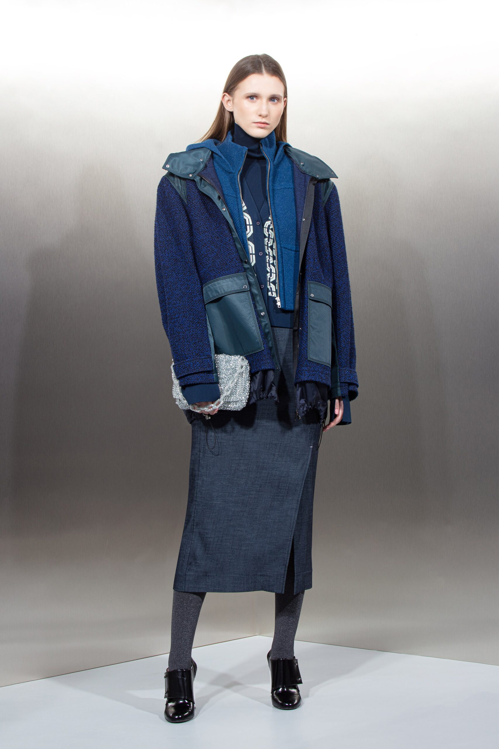 blue wool long-sleeve collared relaxed zippered pockets jacket