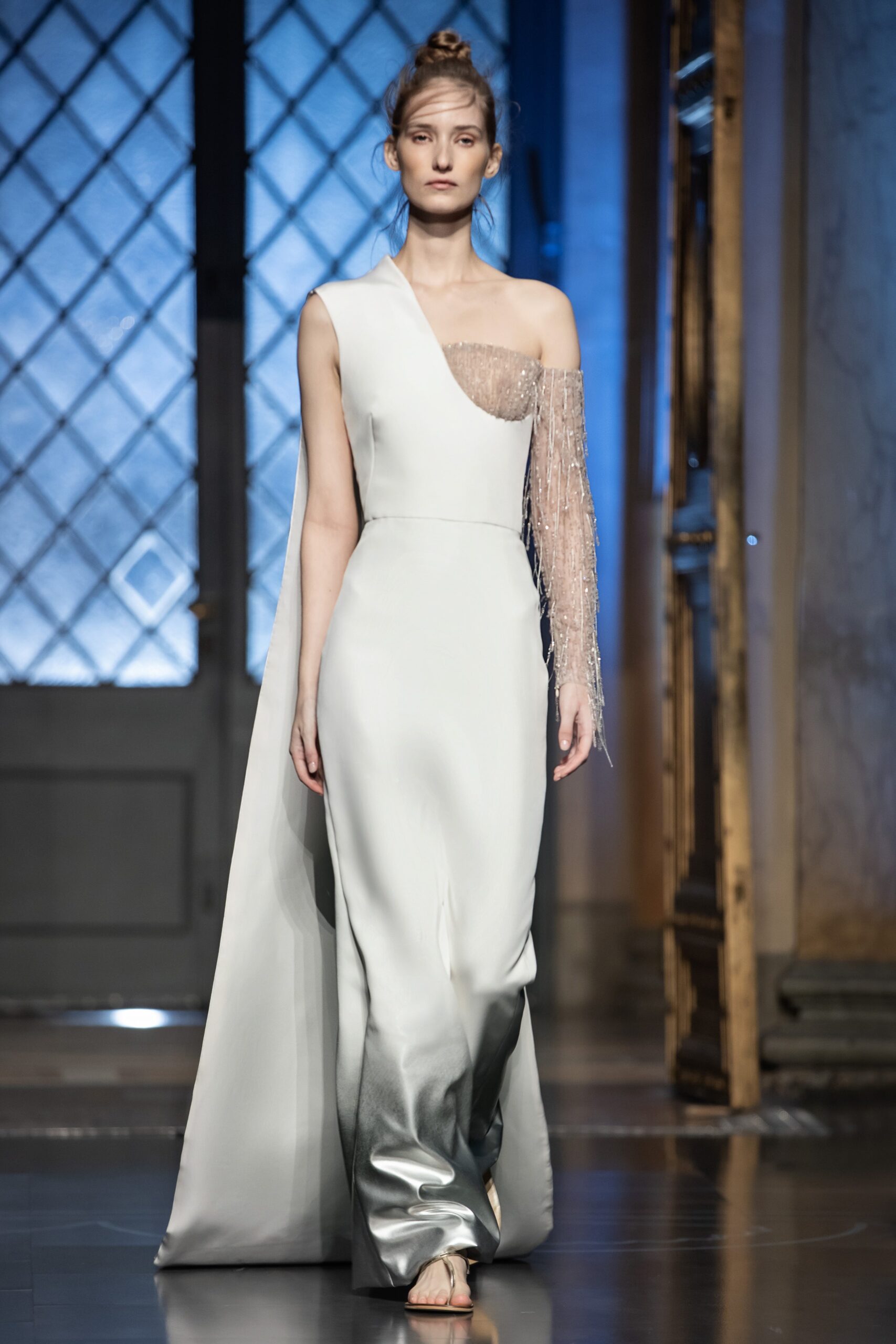 white silk asymmetric gown