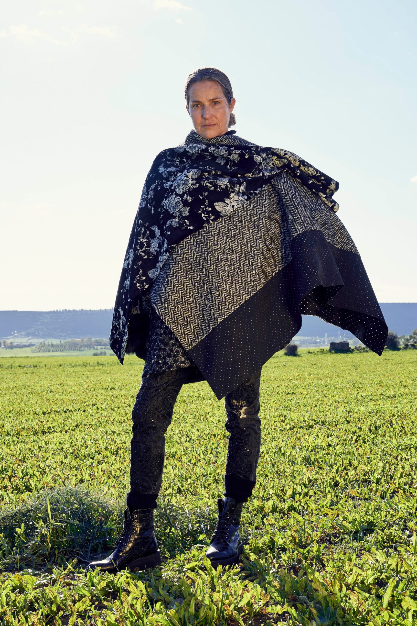 black cotton sleeveless relaxed floral layered poncho