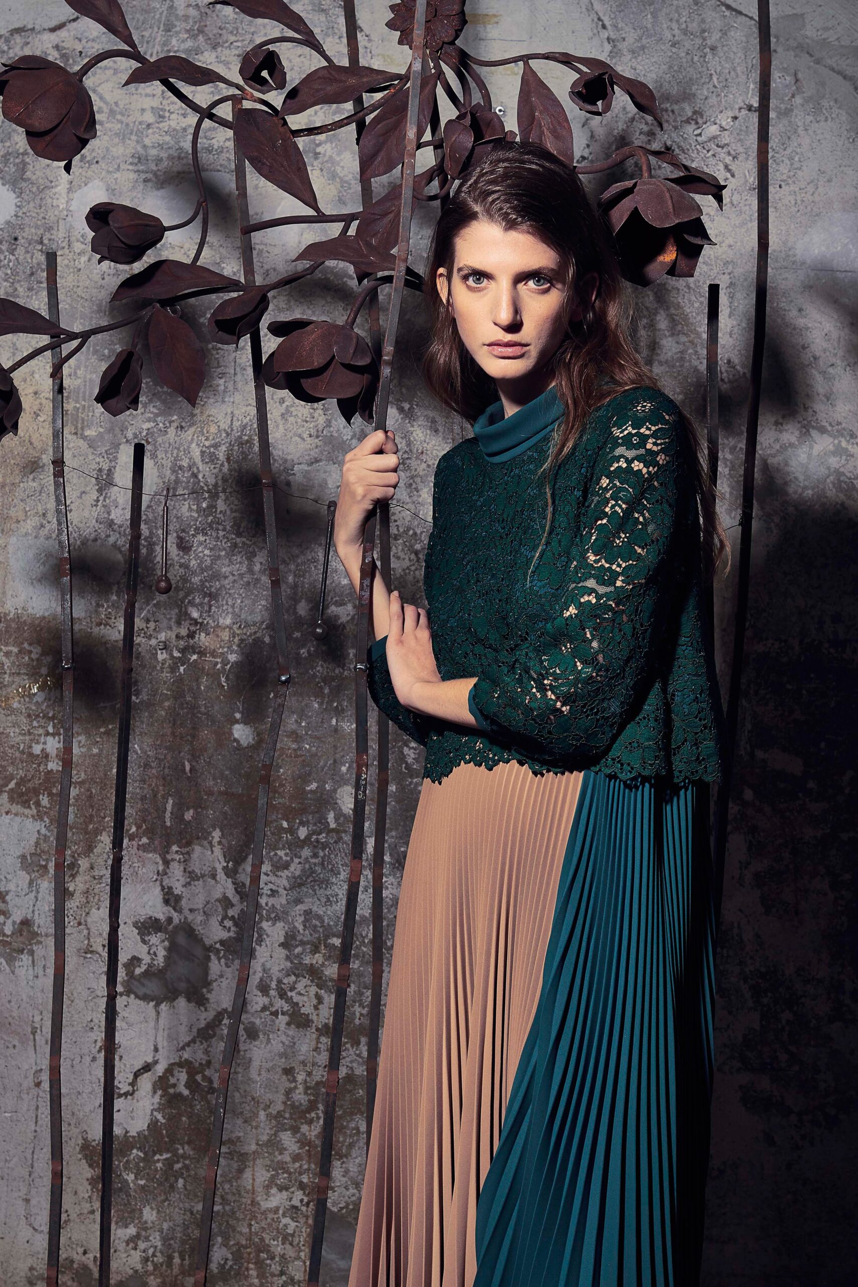 green lace top and beige teal dress