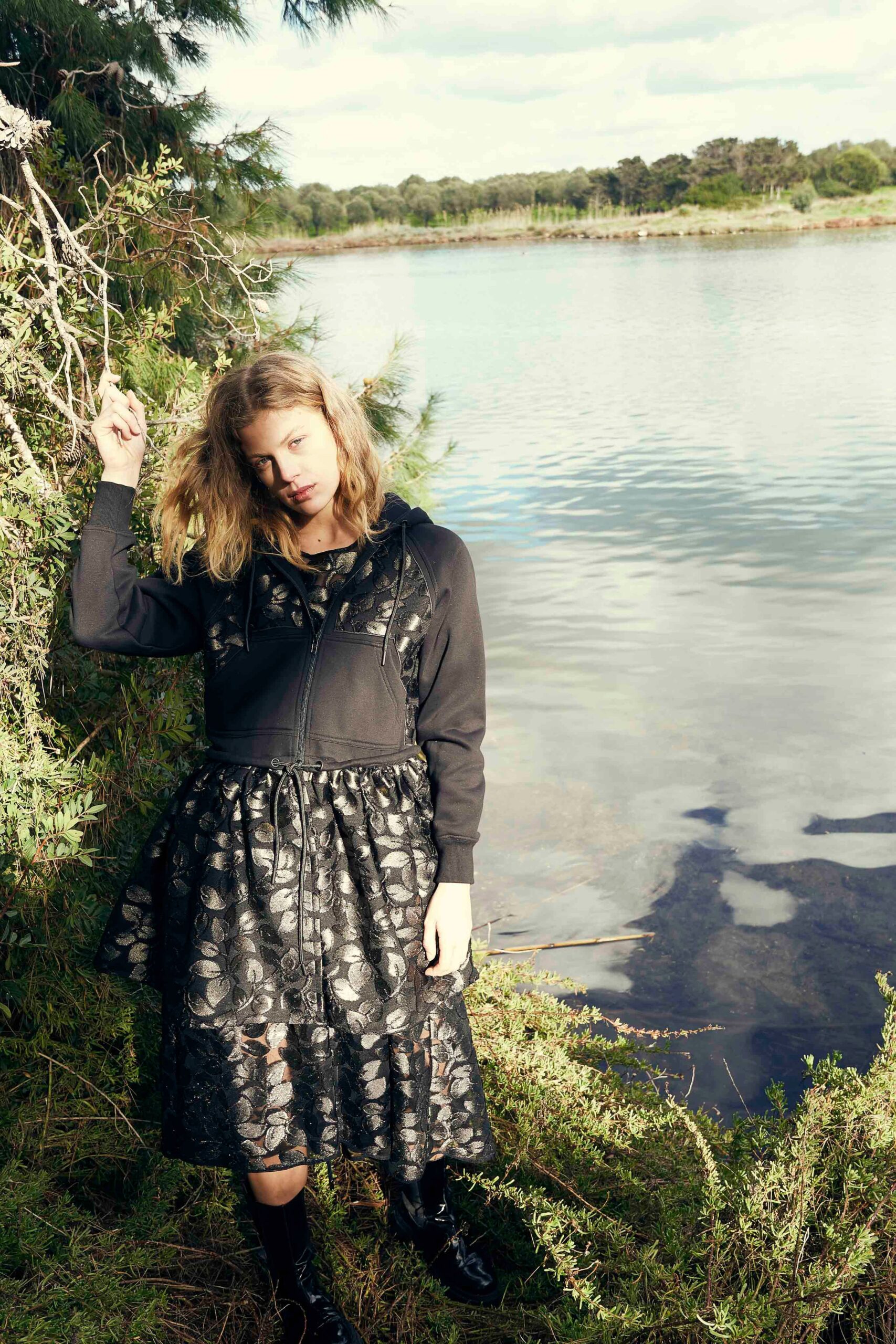 black lace midi dress with hooded jacket