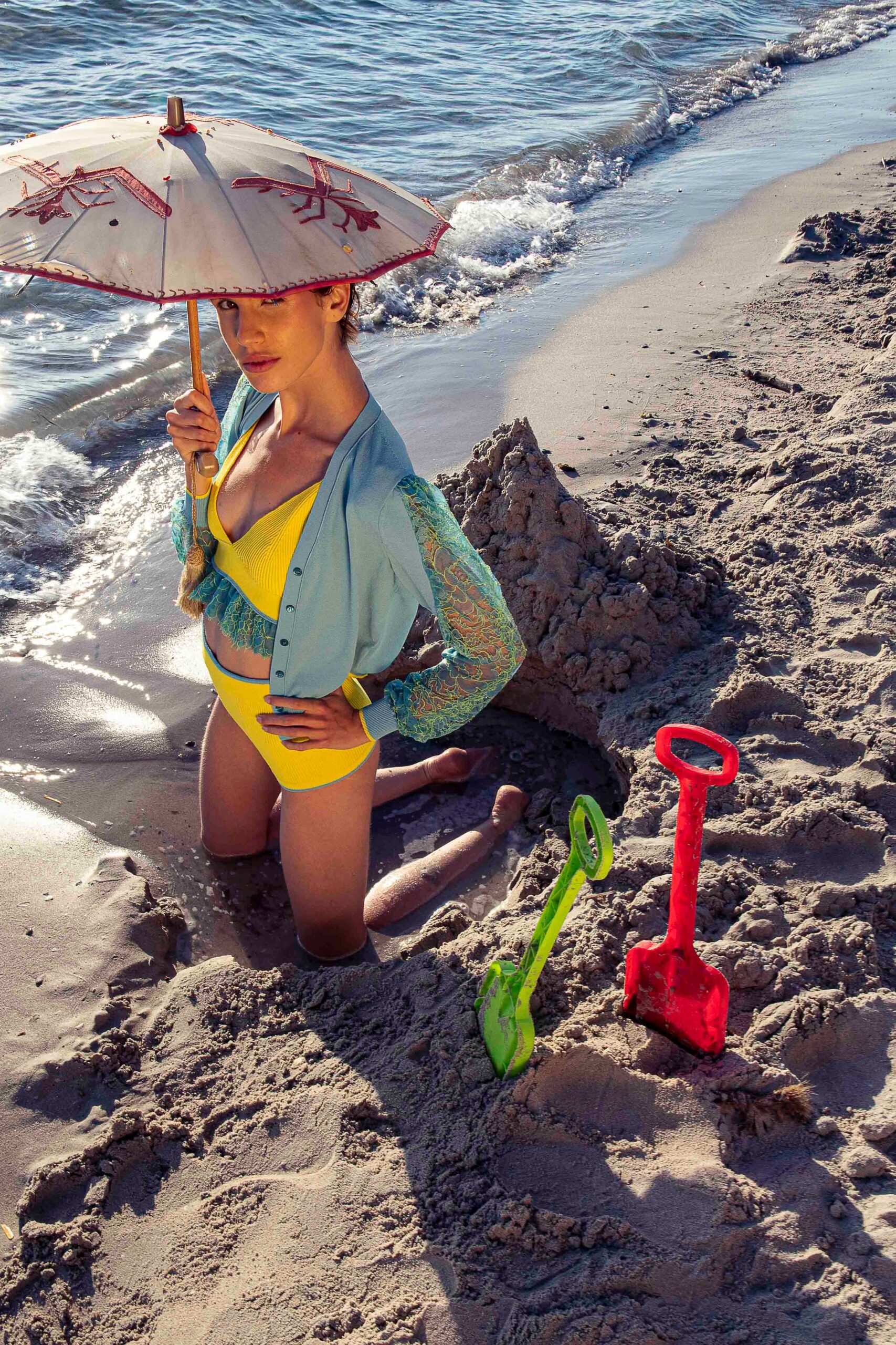 yellow swimsuit with blue blouse