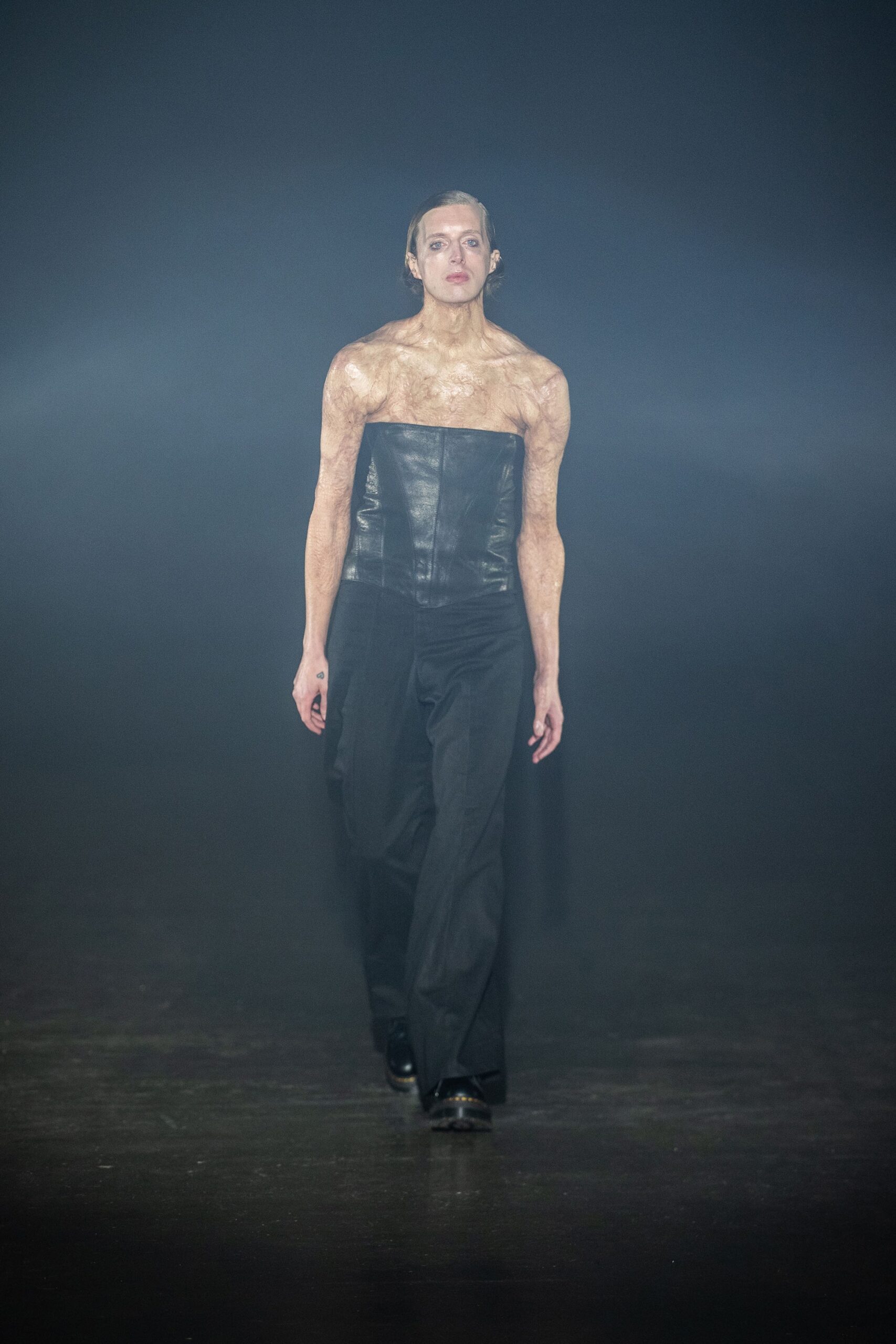 black leather strapless jumpsuit