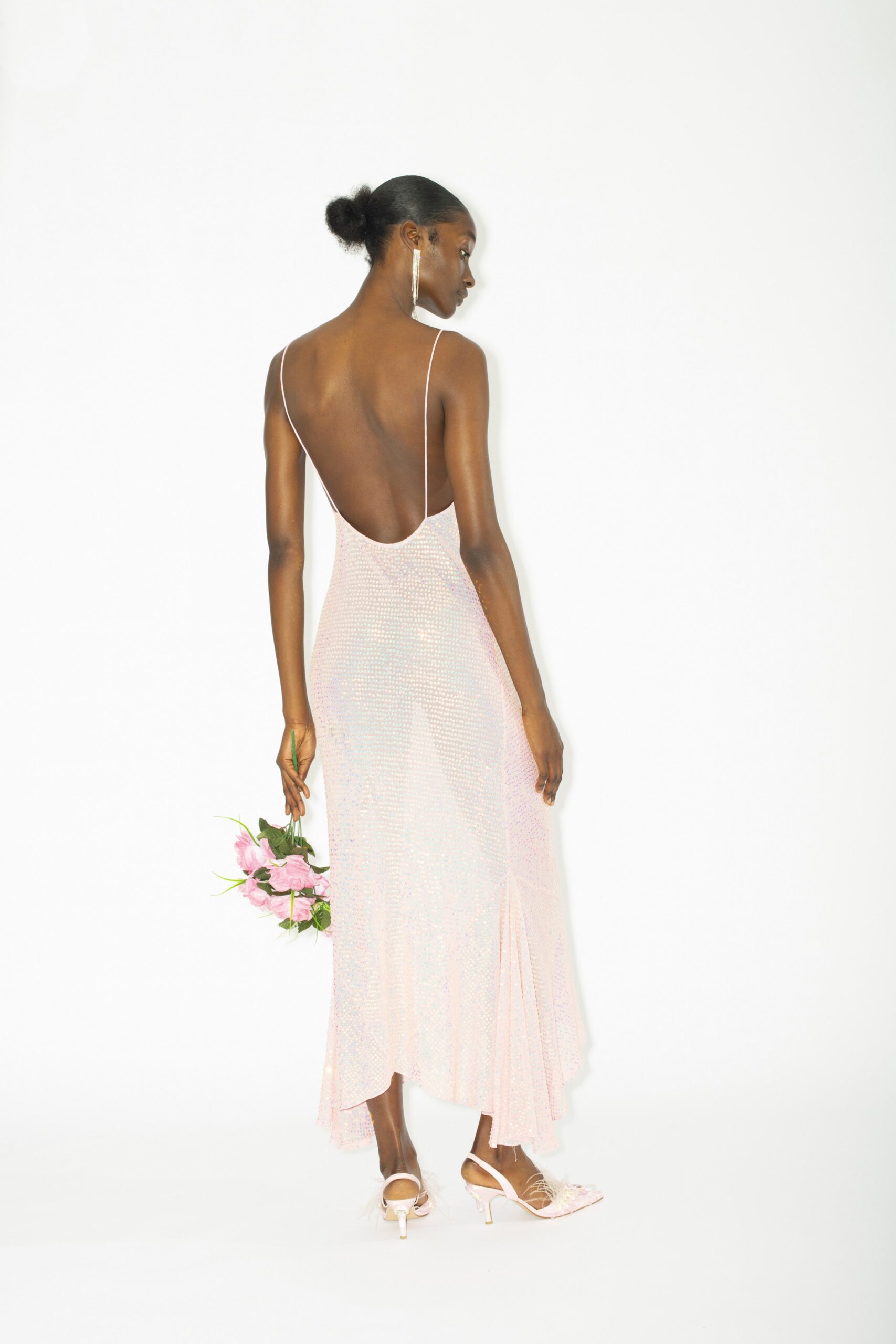 fitted pink silk backless dress