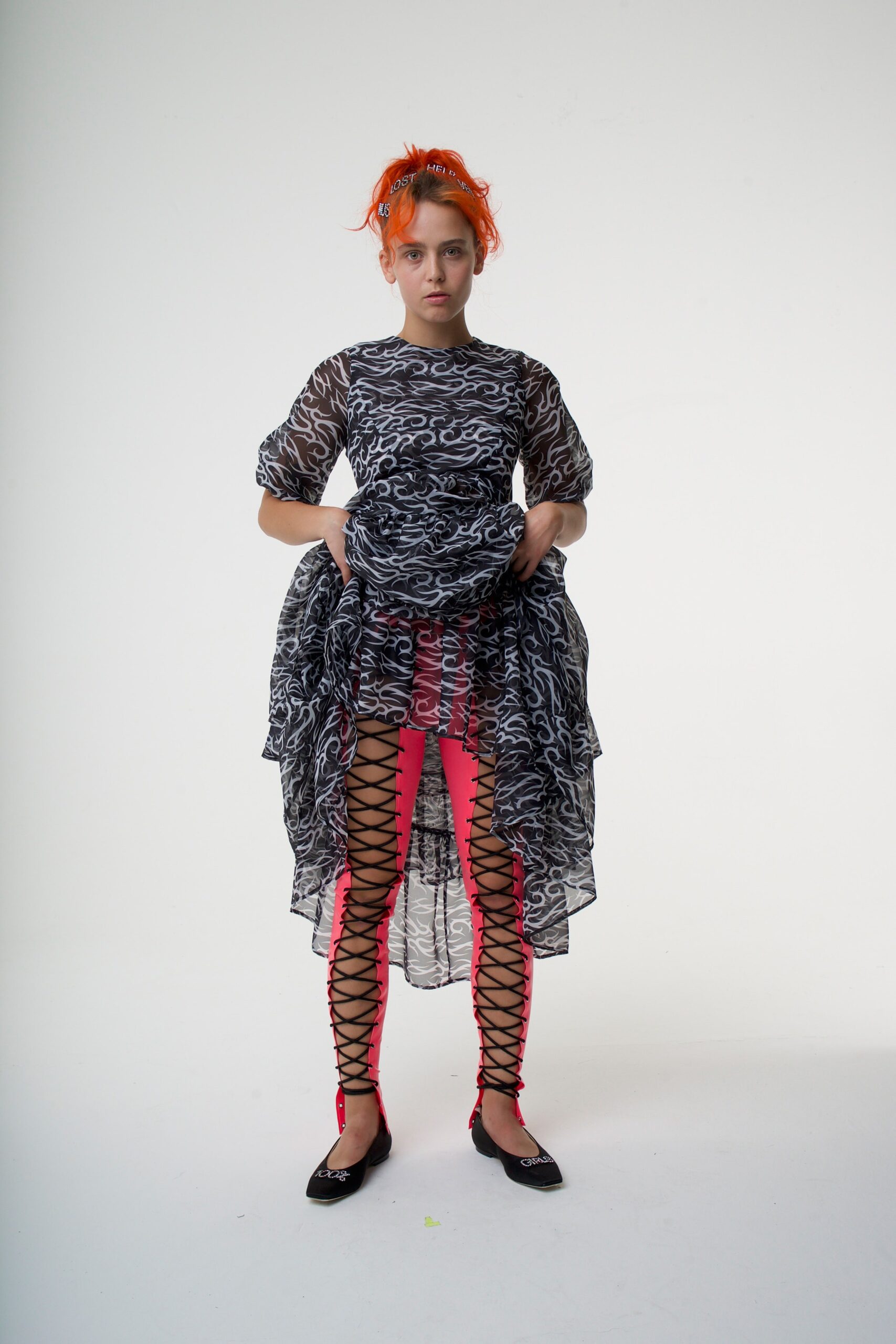 black and white mesh top with layered skirt