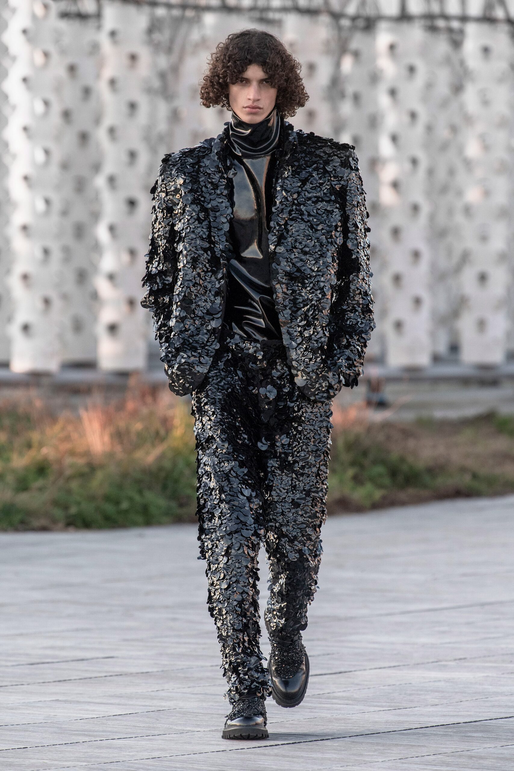 black sequined fitted suit