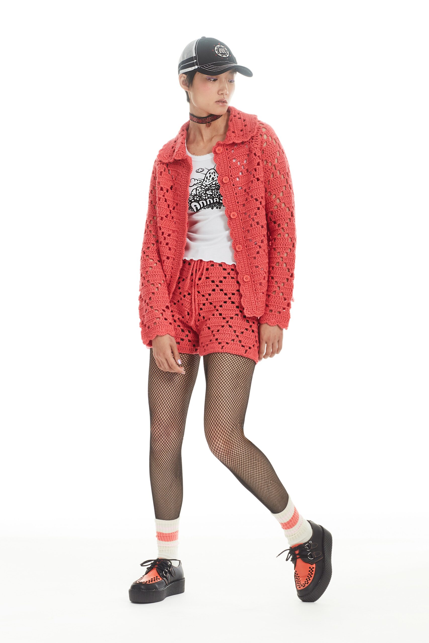 red crochet jacket with shorts