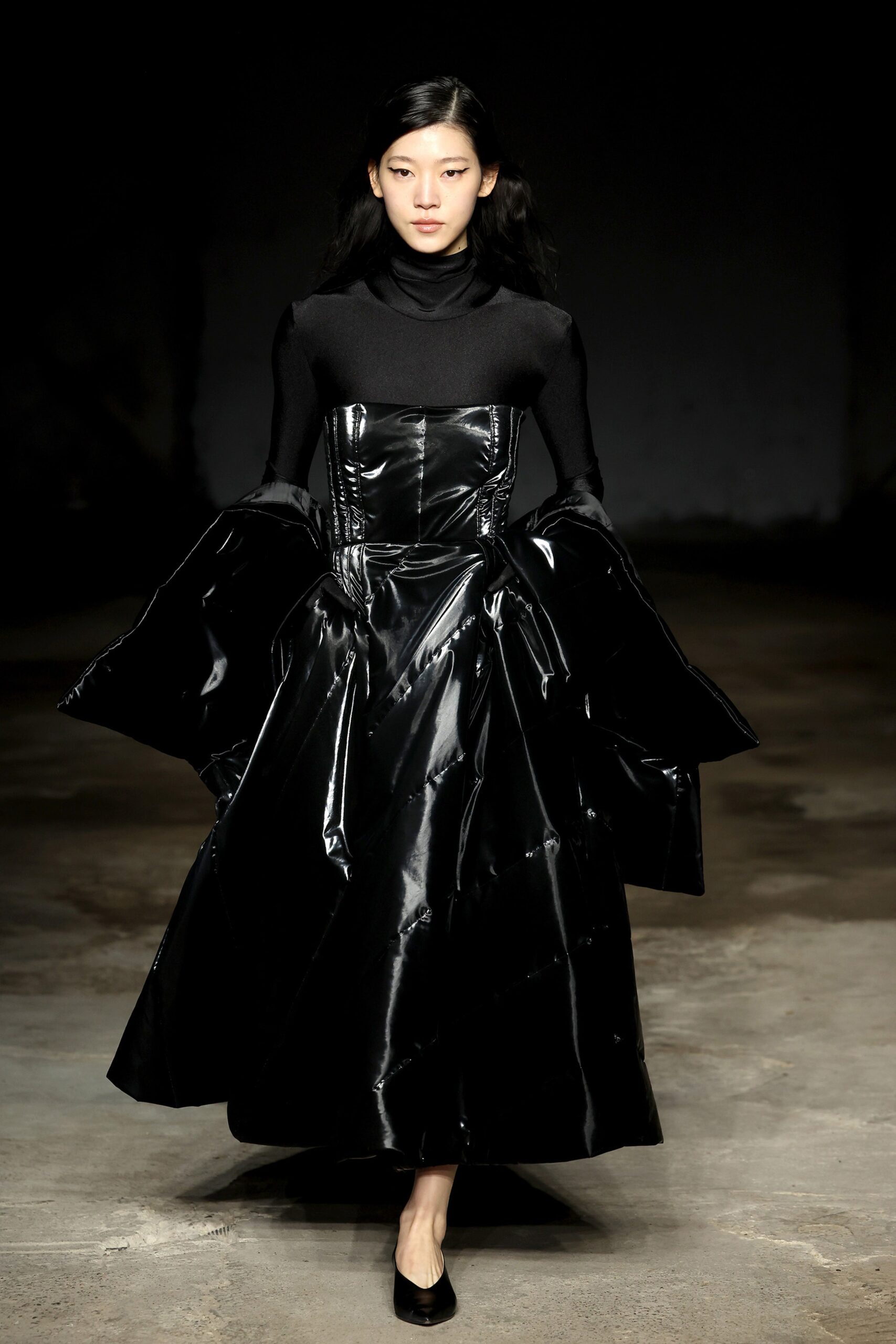 black vinyl fitted midi dress