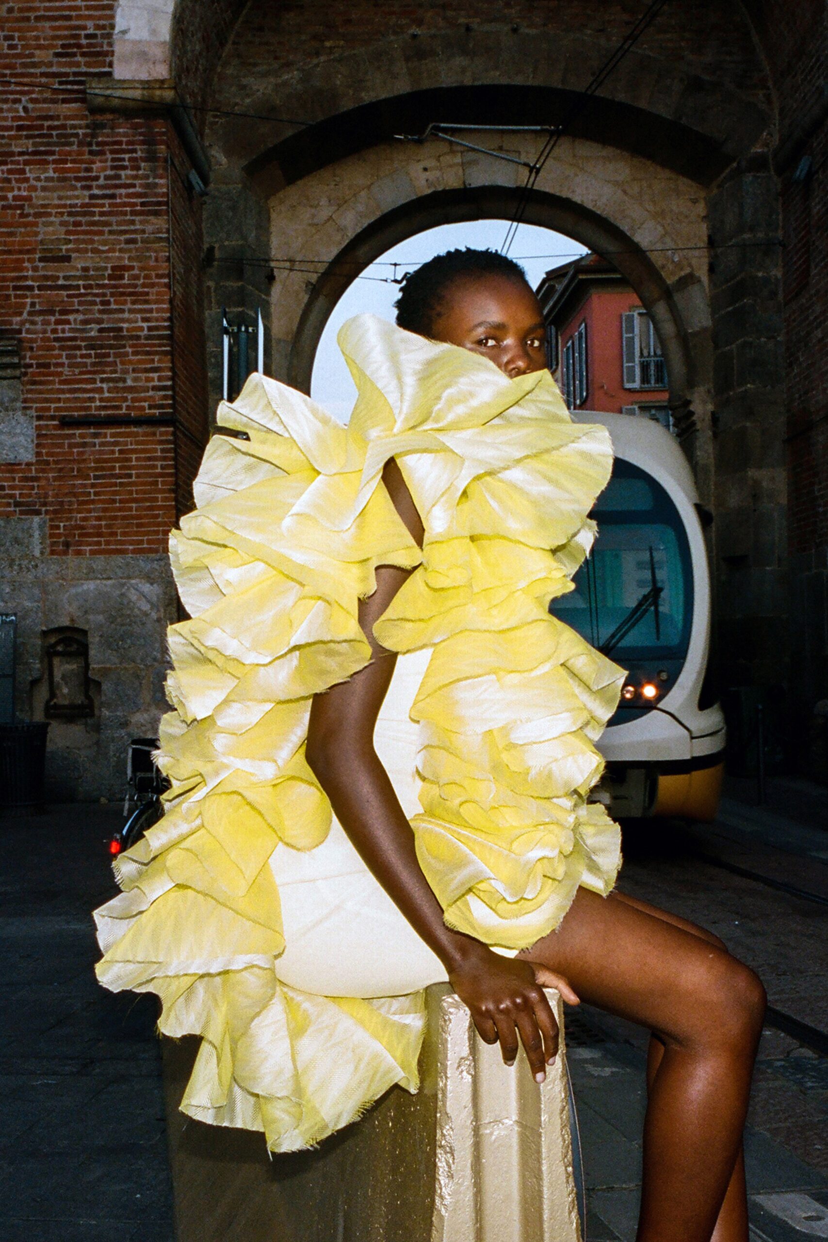 yellow ruffled mini dress