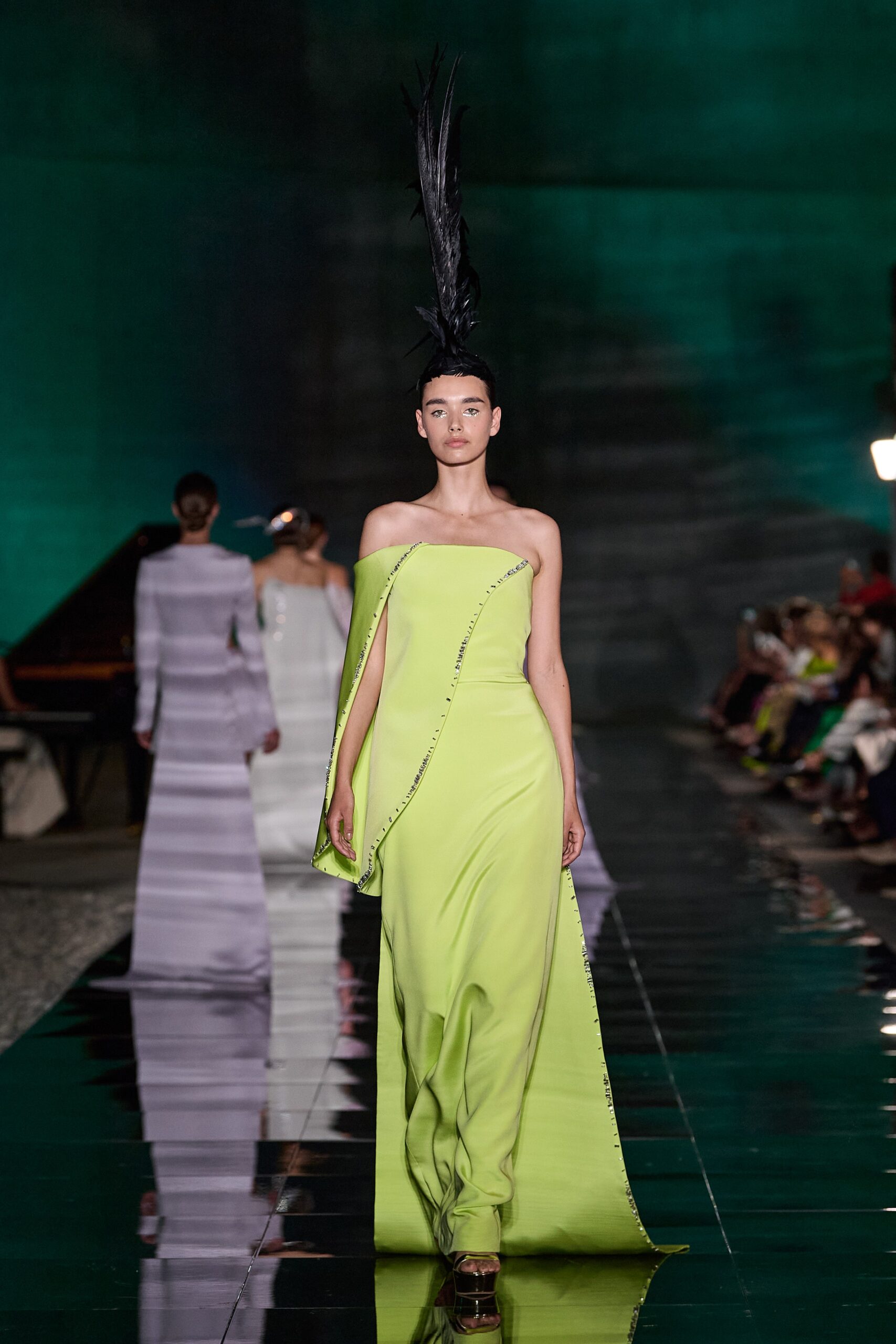 green silk off-shoulder gown