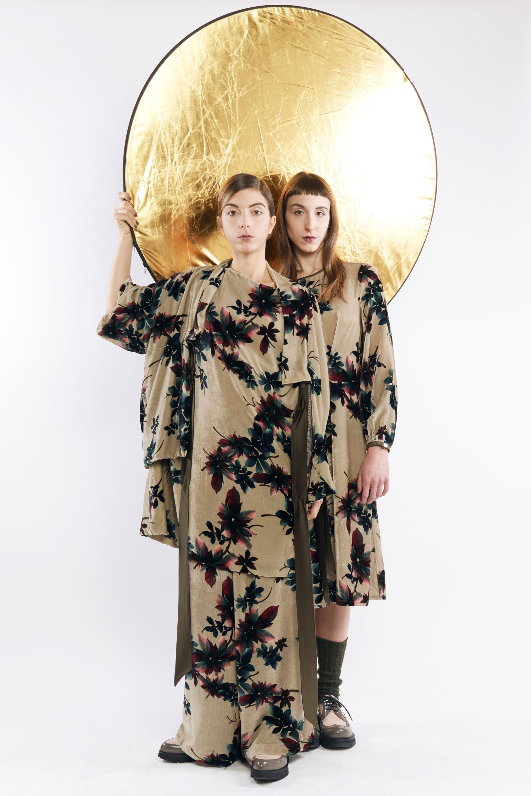 beige silk long-sleeve v-neck relaxed floral flared dress