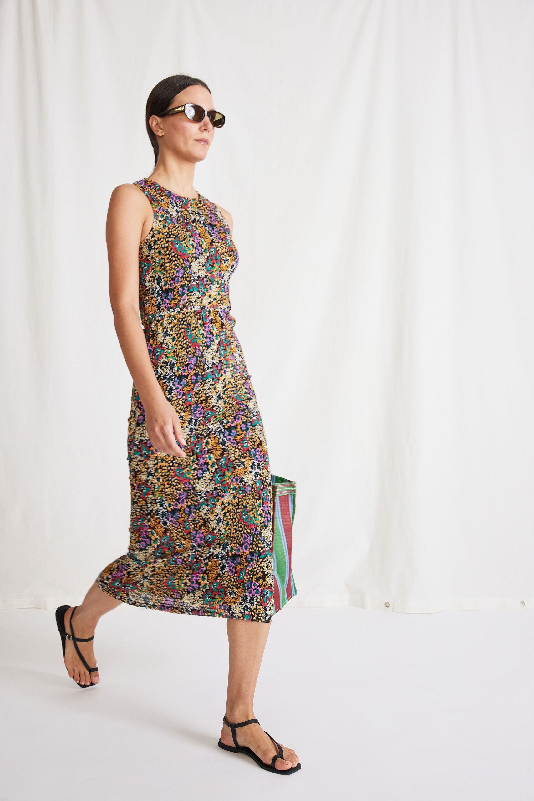 multi-colored fitted midi dress
