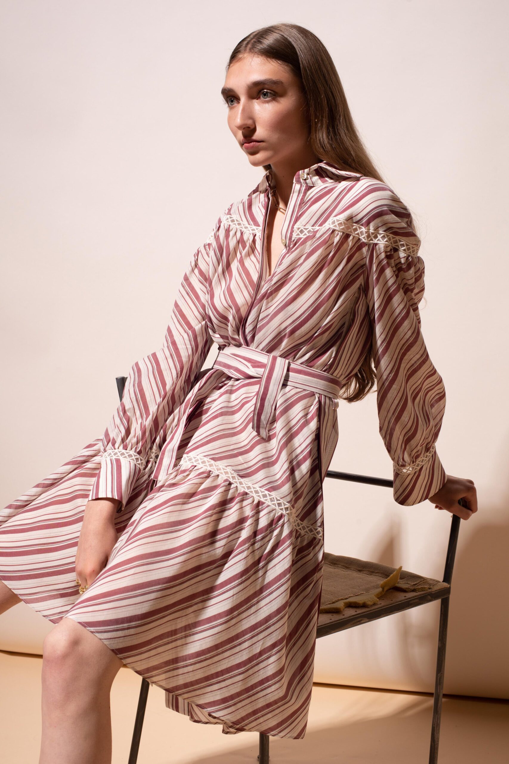 pink and white striped midi dress