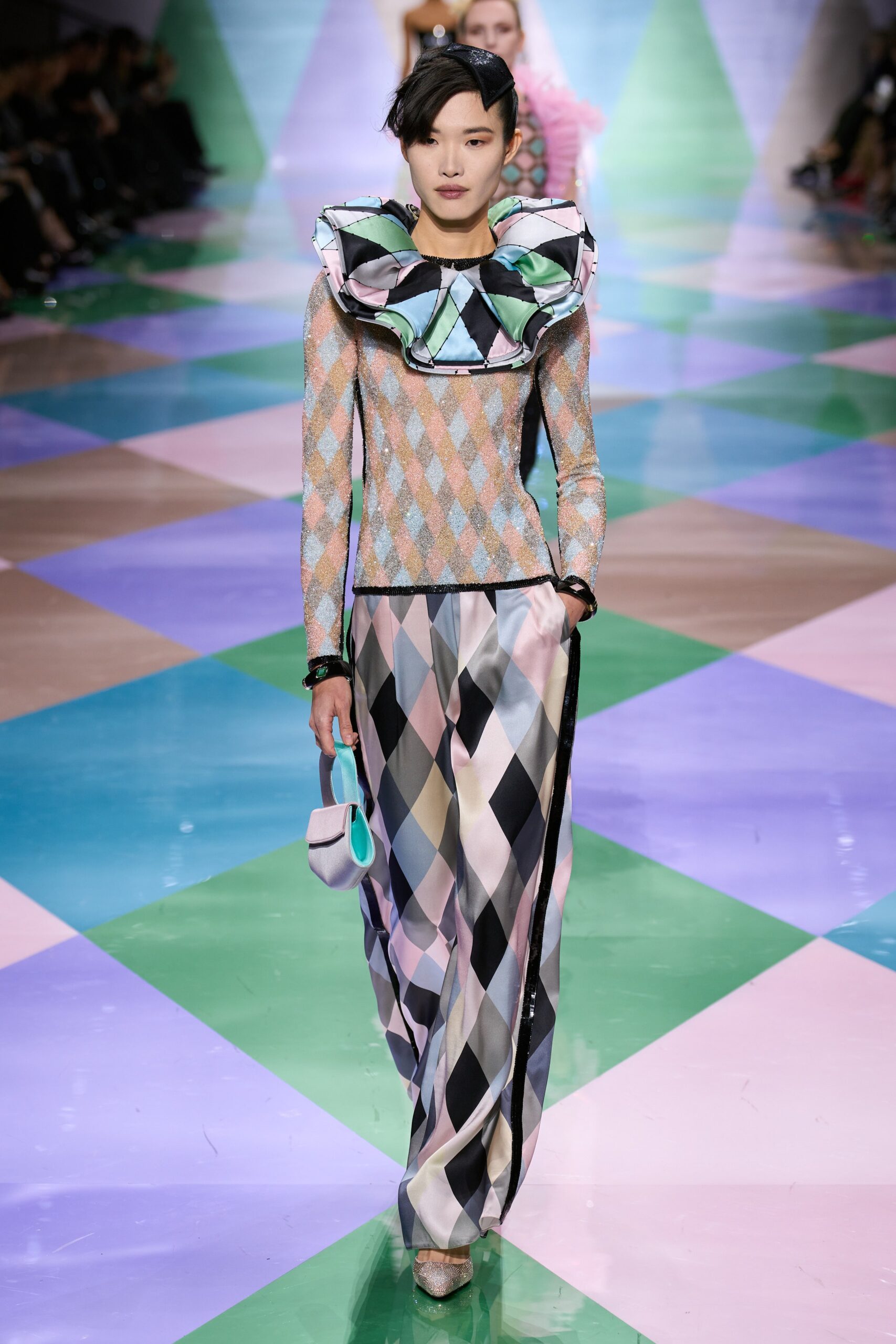 multi-colored ruffled top and wide-leg pants