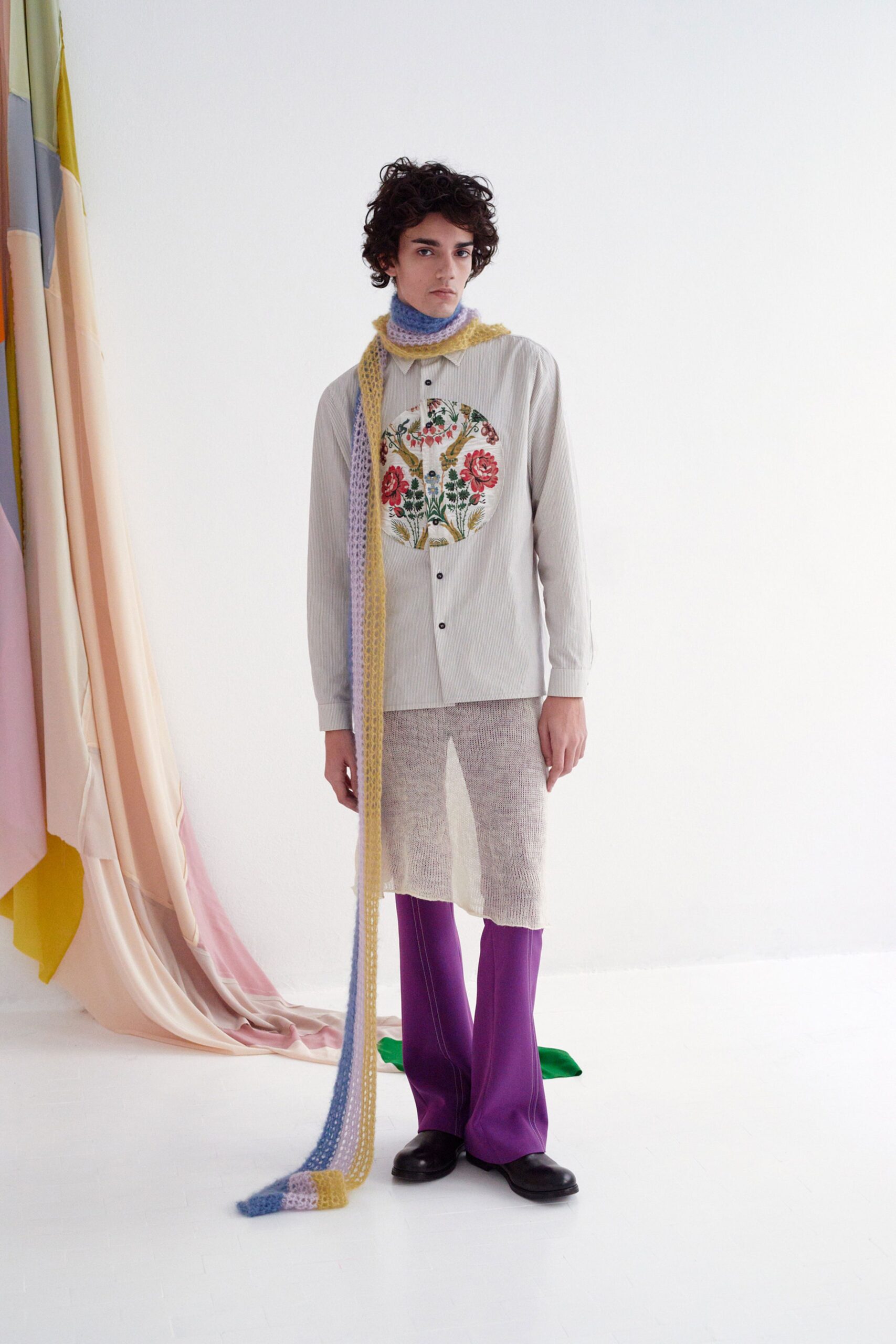 purple cotton fitted straight-leg pants
