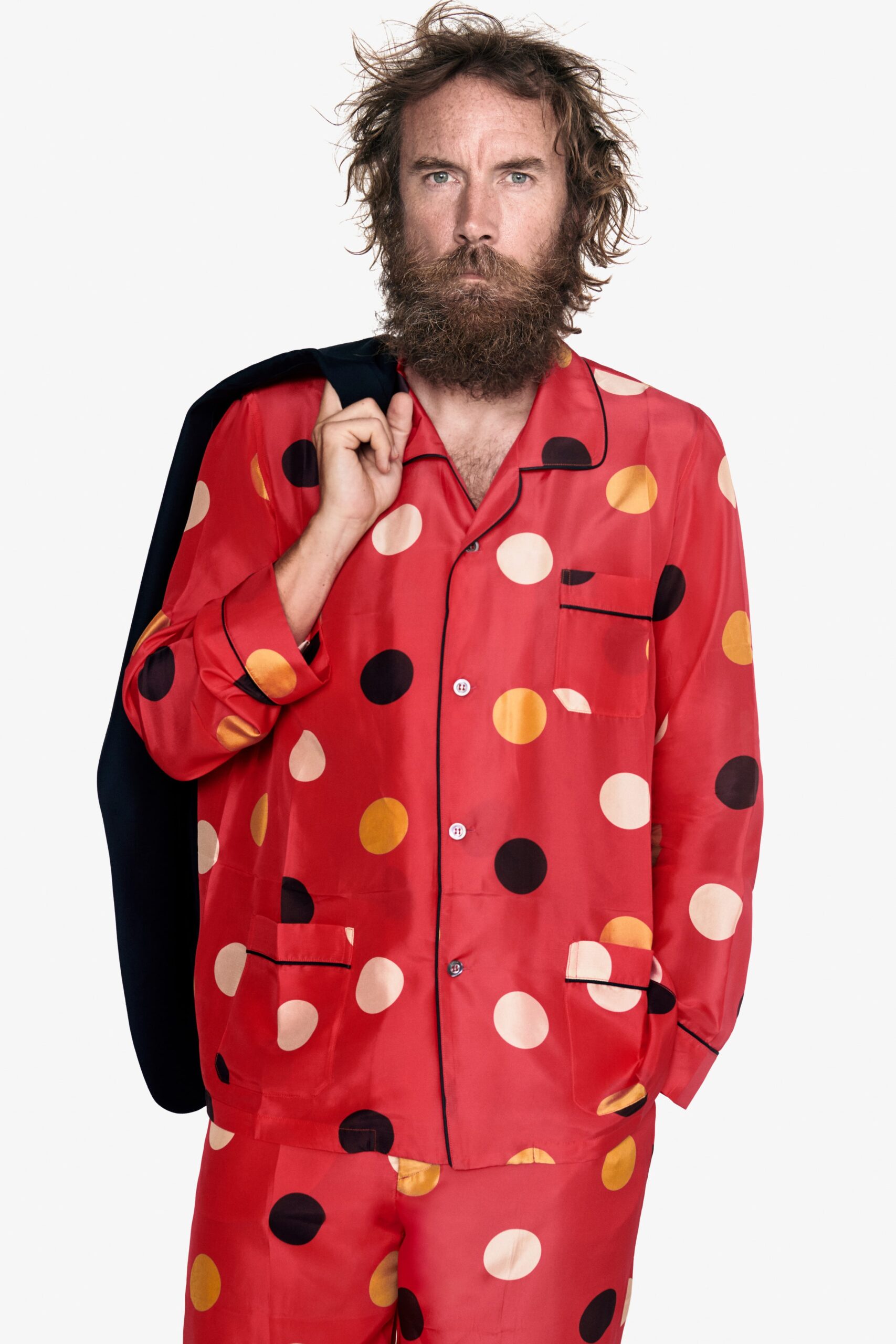 red polka-dot silk shirt and pants