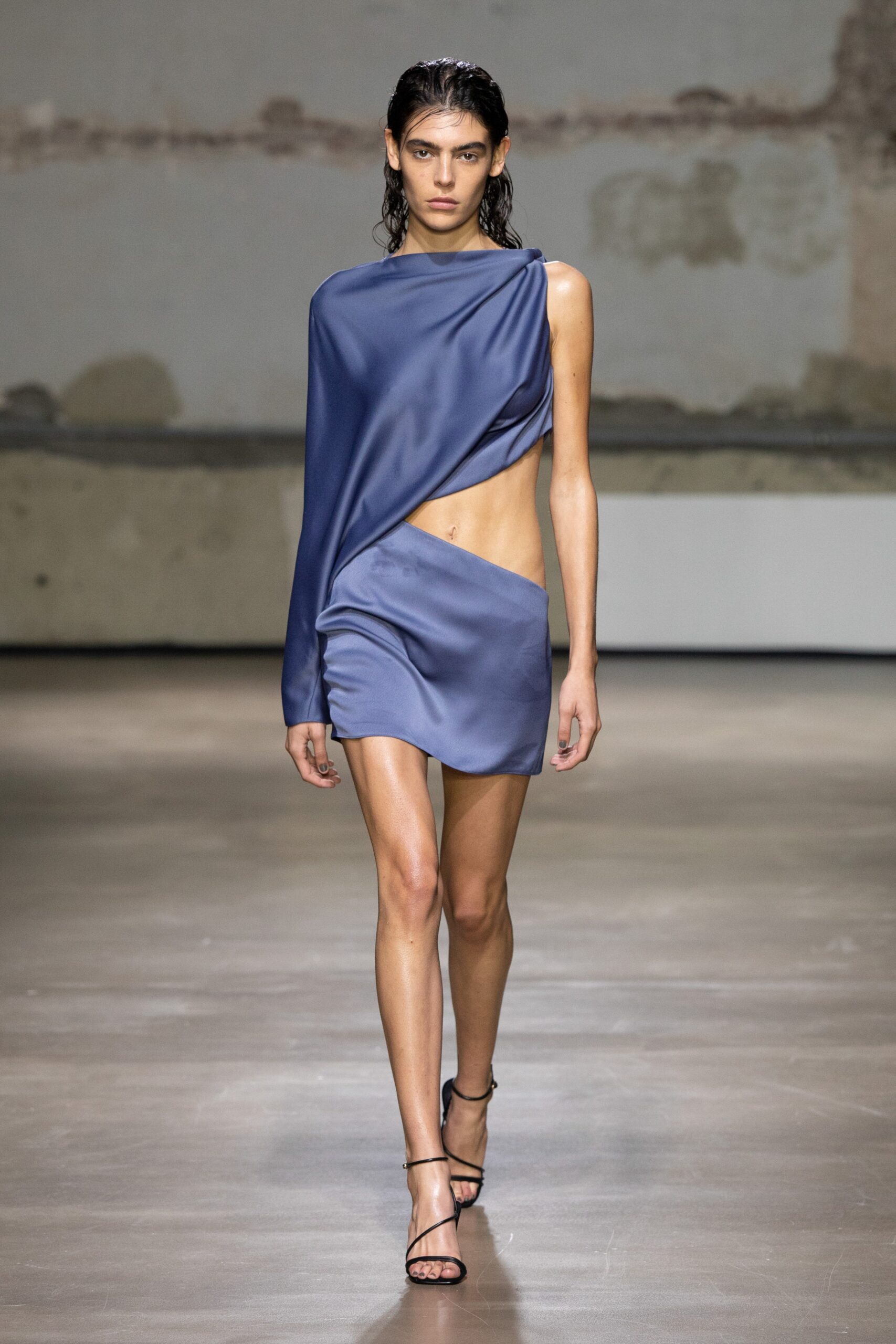 blue silk asymmetric dress