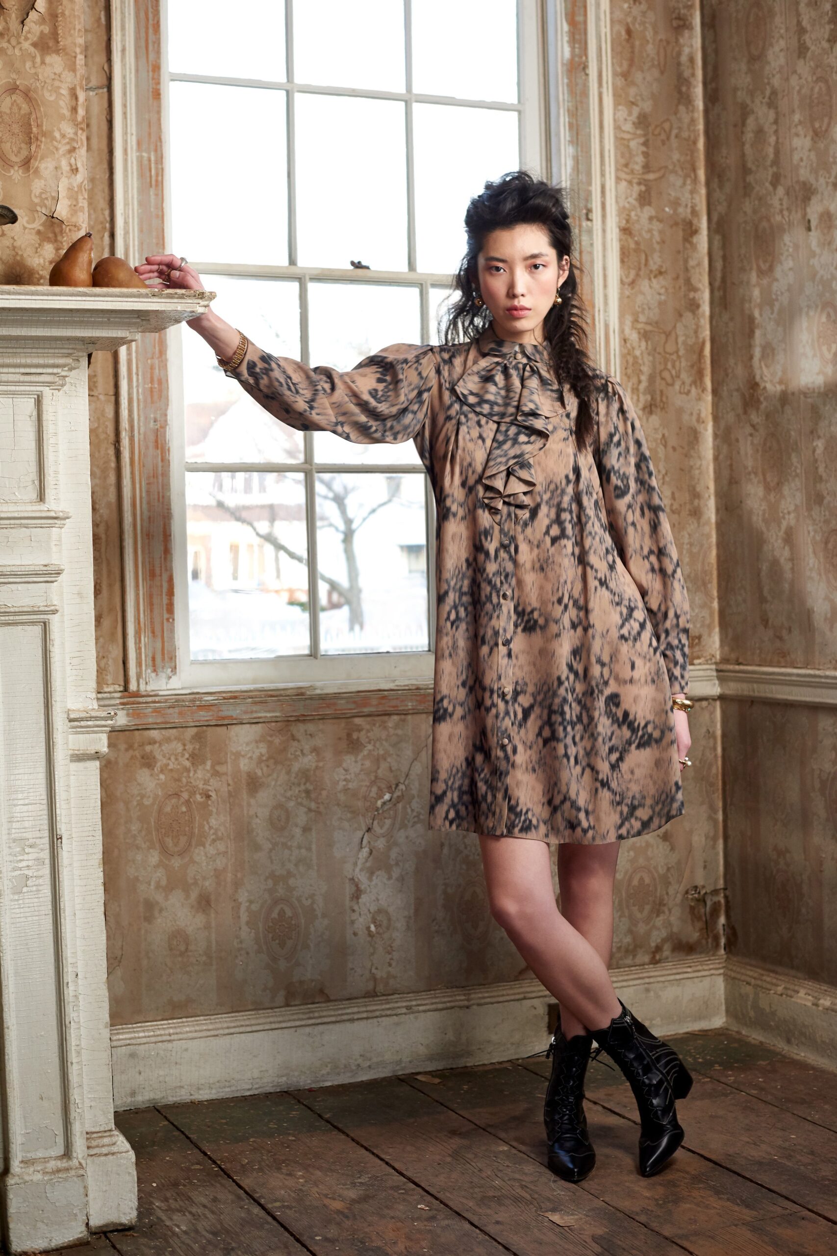 brown silk long-sleeve collared fitted pleated mini dress