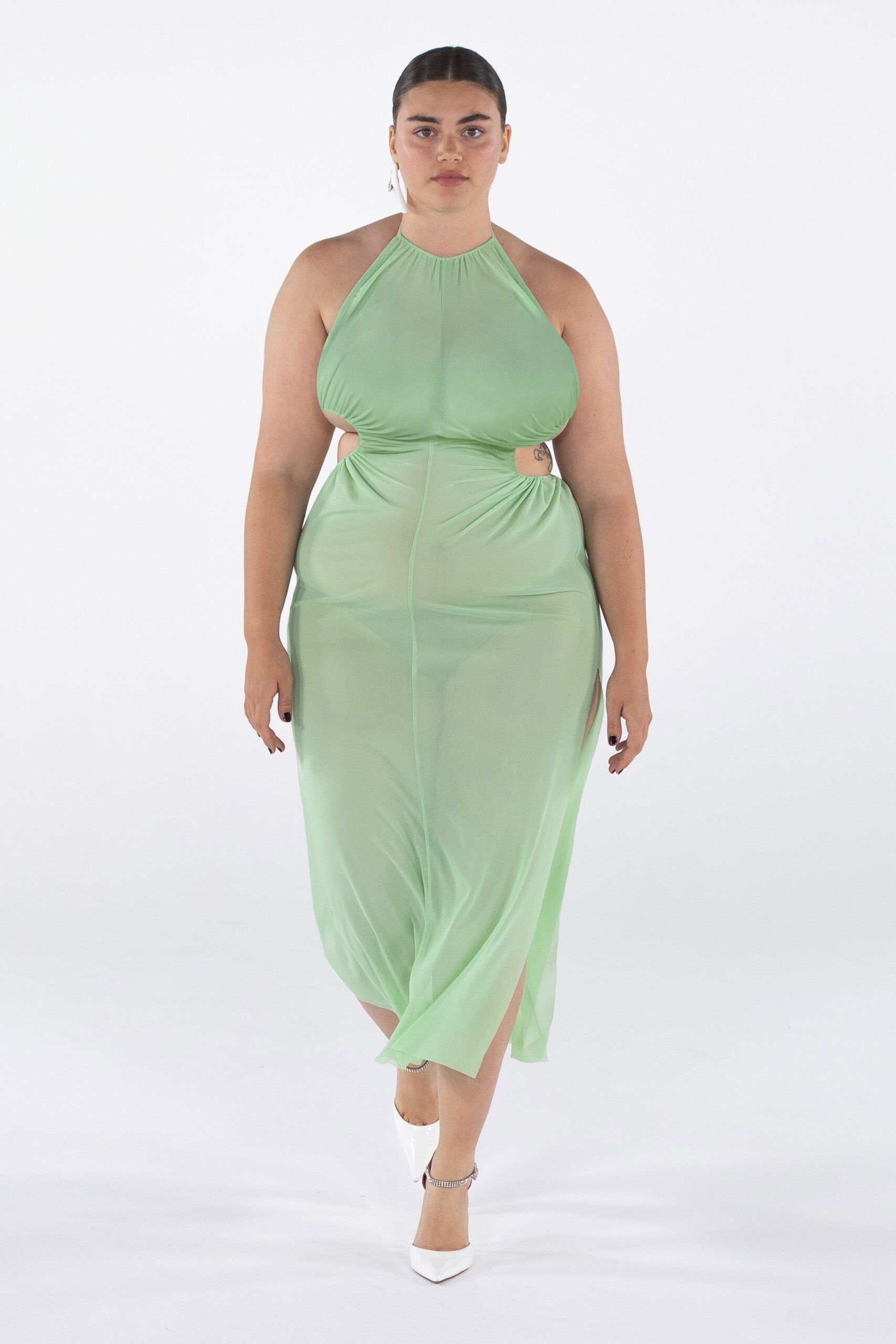 green chiffon halter dress