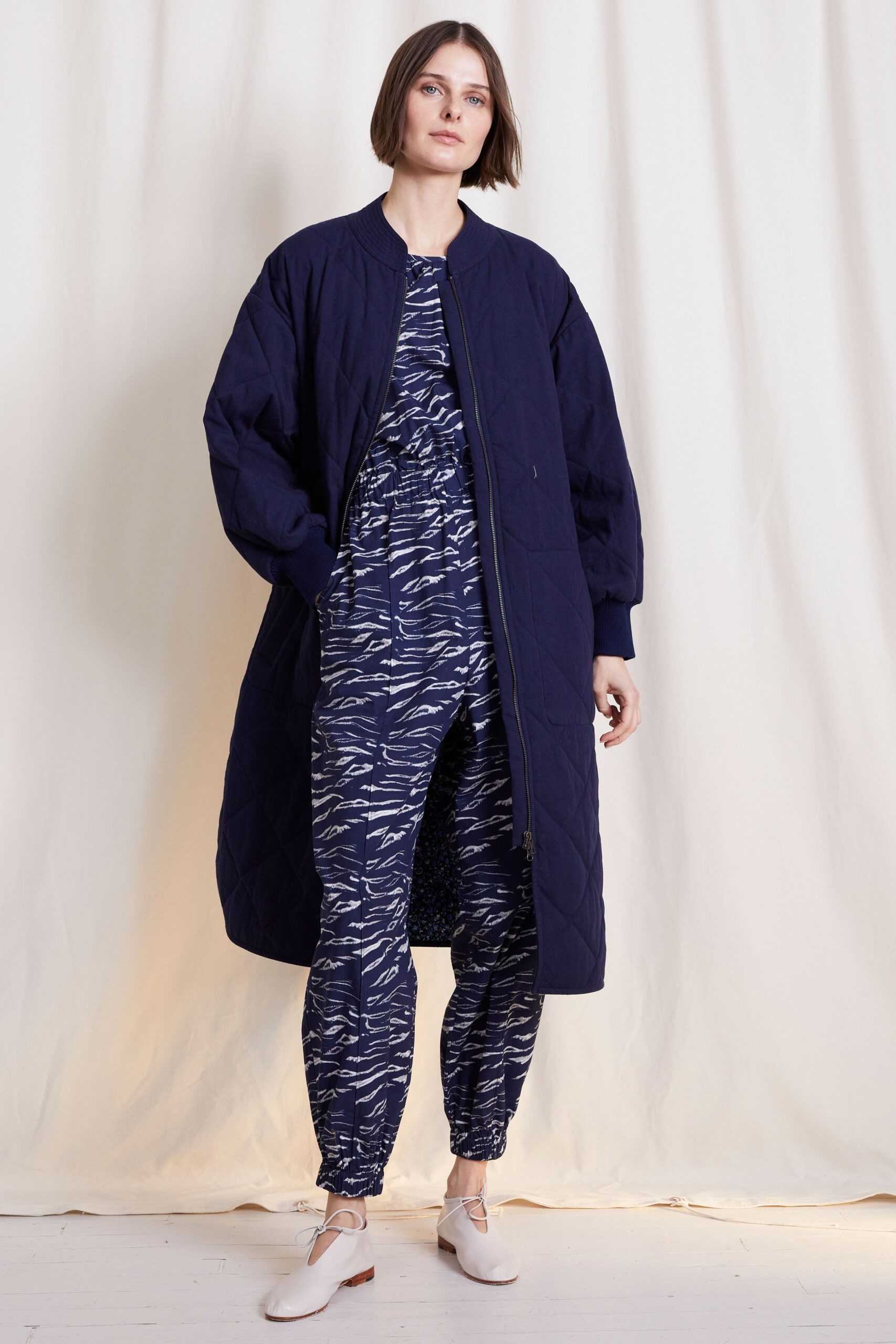blue cotton long-sleeve collared oversized zippered coat