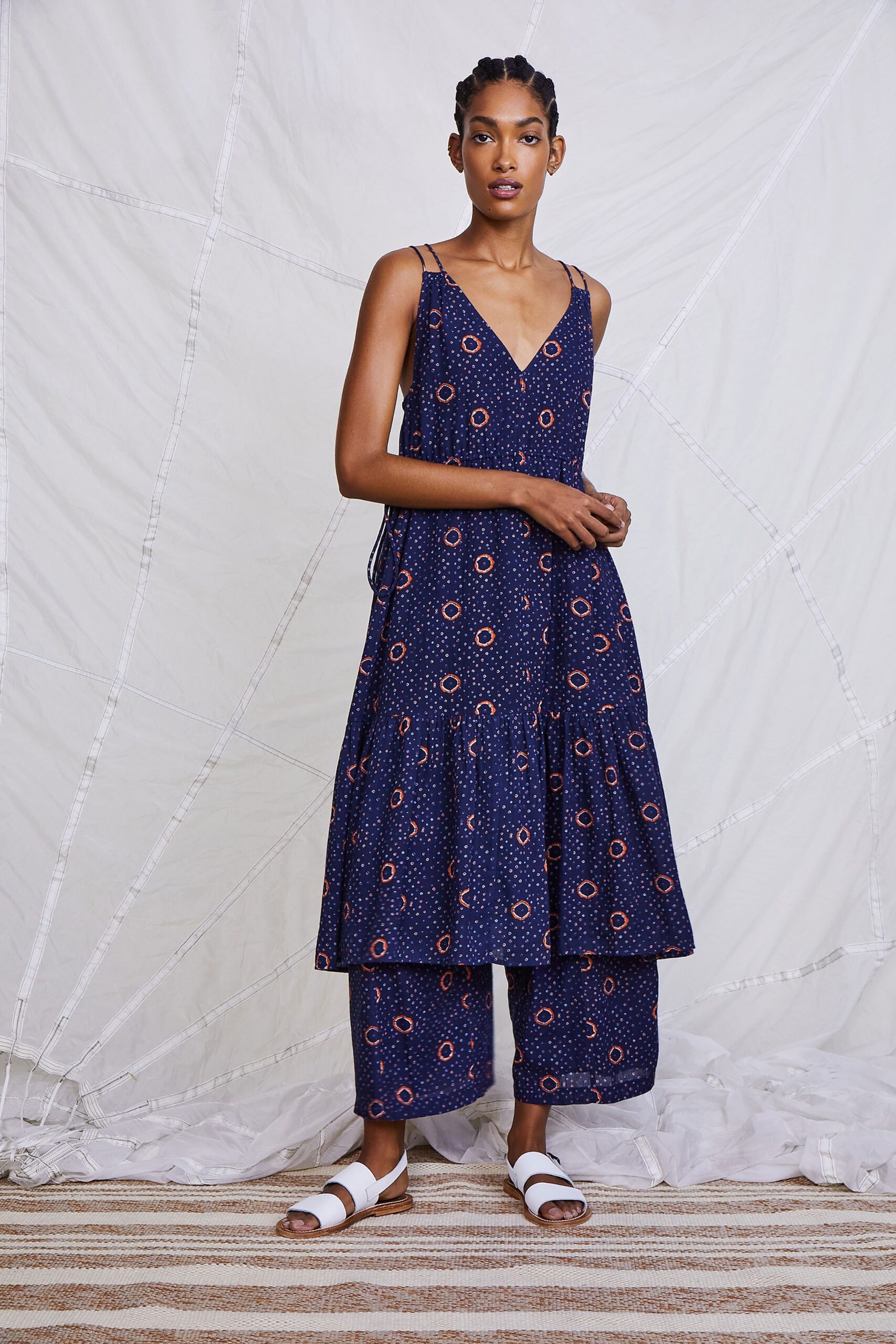 blue printed tiered dress with wide-leg pants