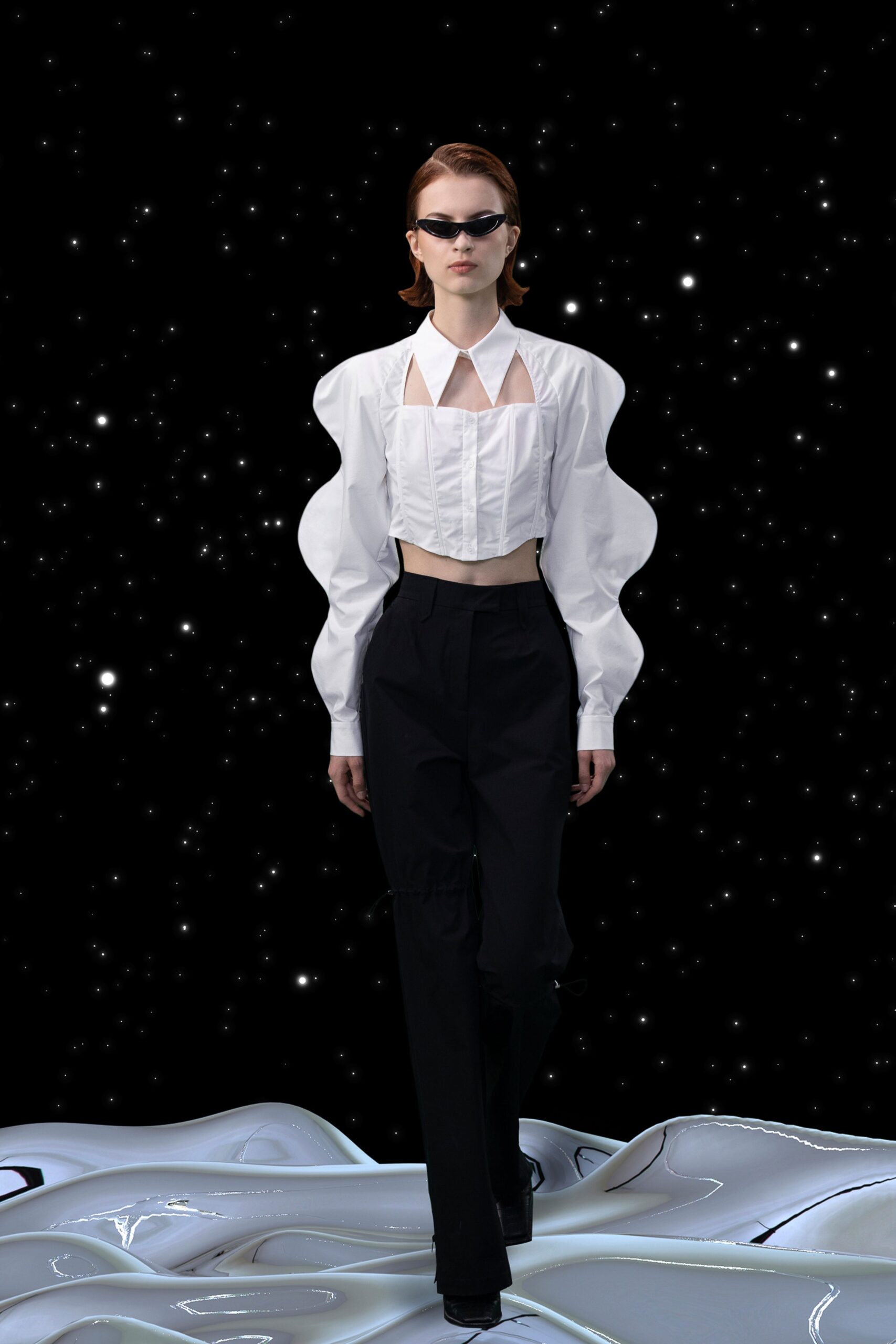 white fitted blouse and black tailored pants