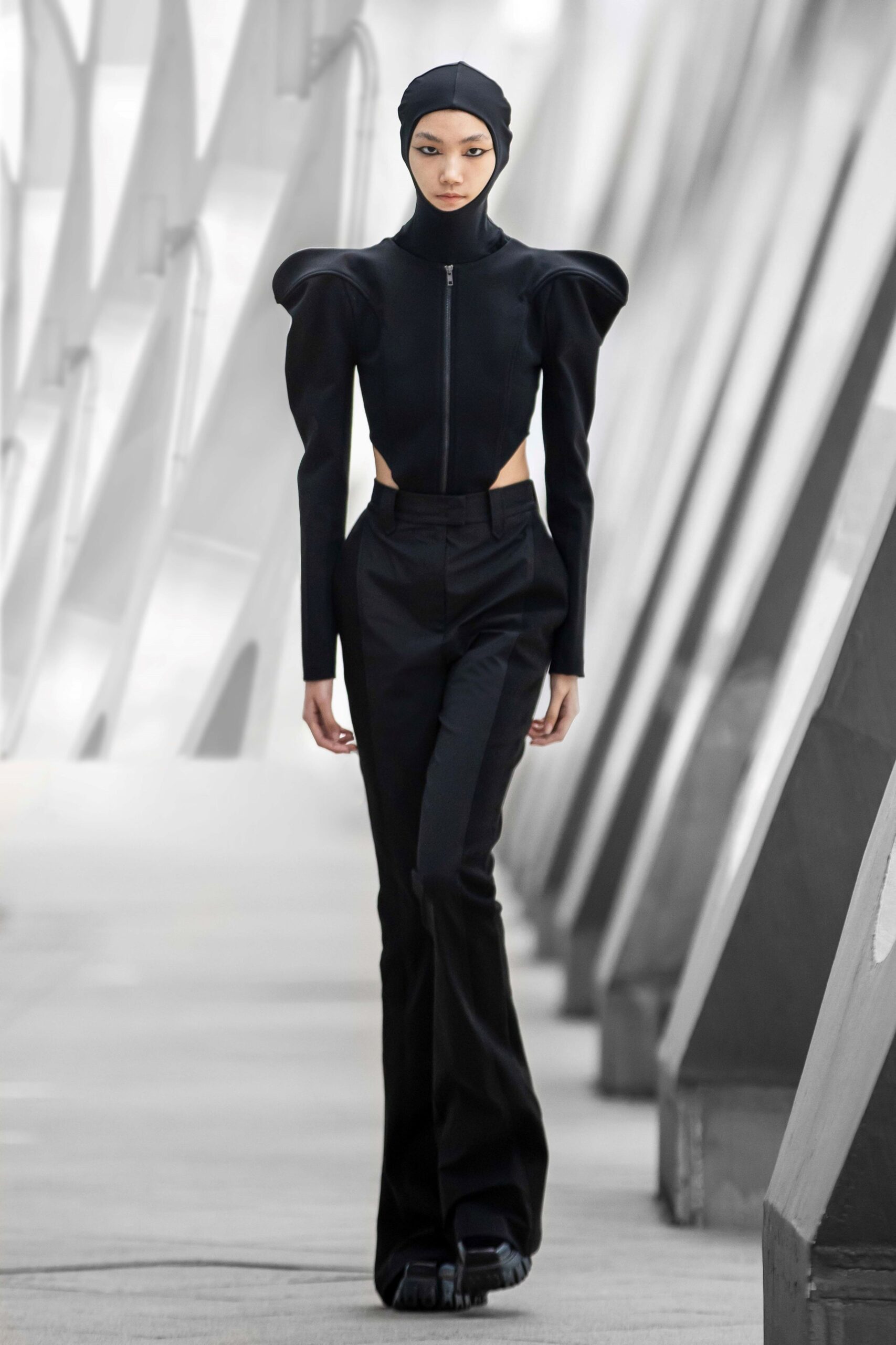 black fitted top and pants